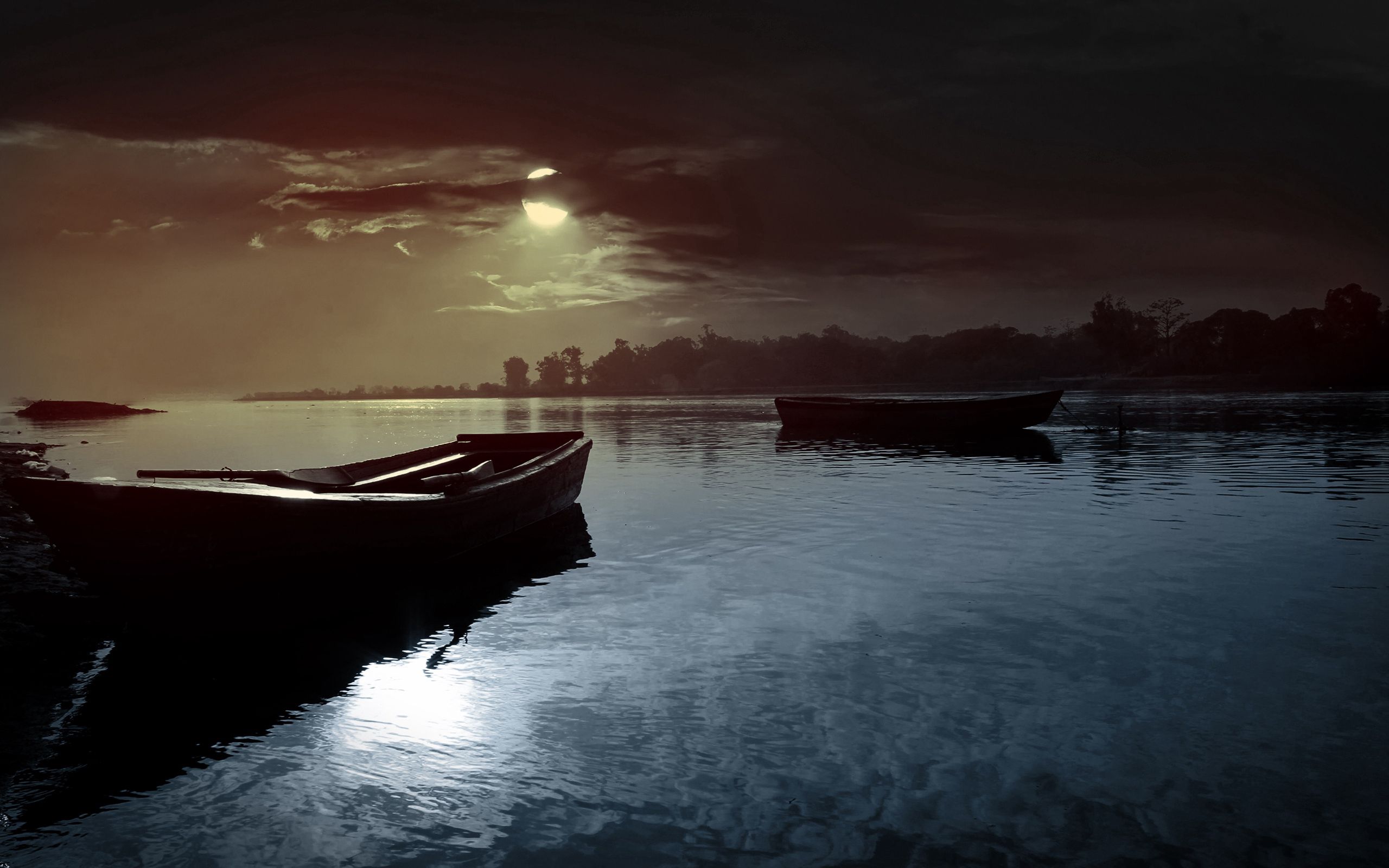 Free download wallpaper Night, Clouds, Lake, Shine, Light, Boats, Nature, Moon on your PC desktop