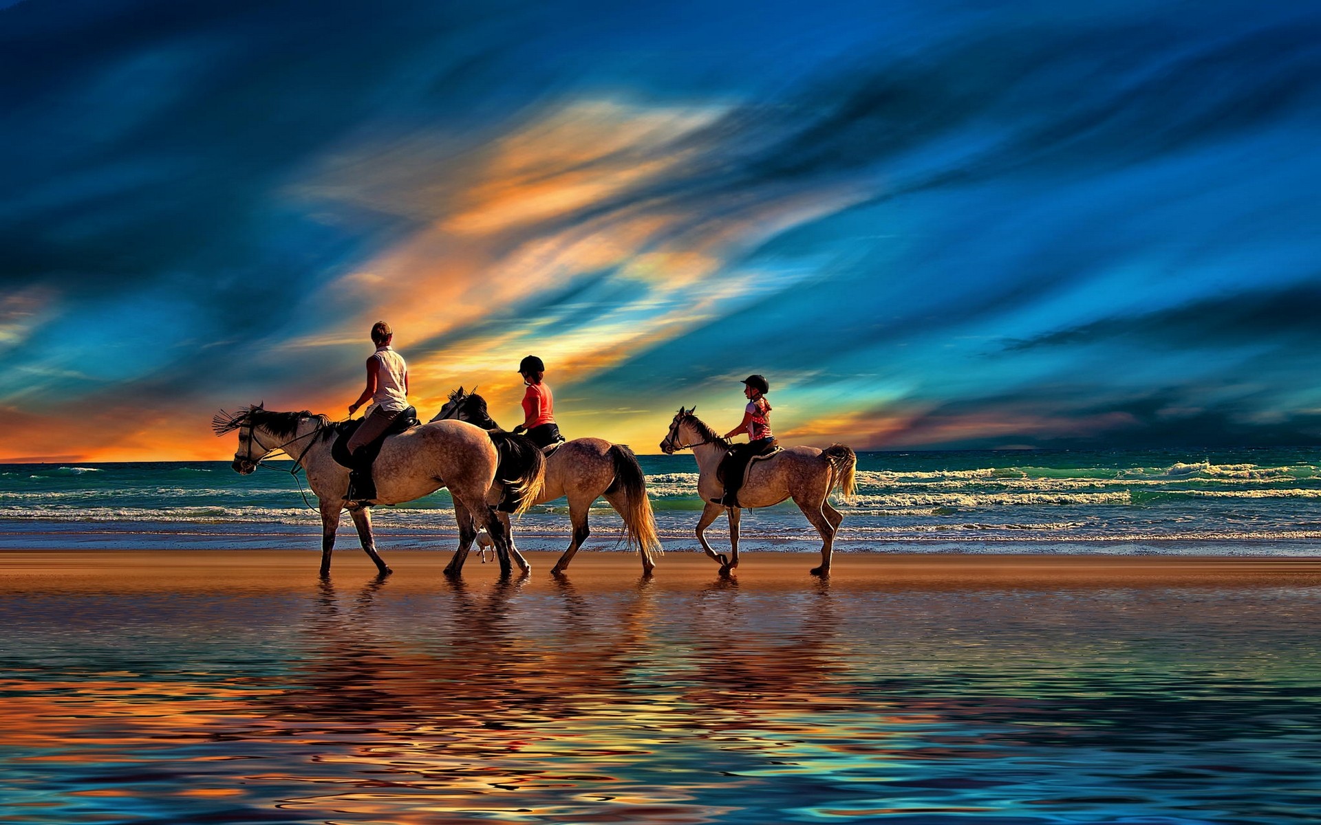 746005 скачать обои фотографии, верховая езда, пляж, горизонт, лошадь, закат - заставки и картинки бесплатно