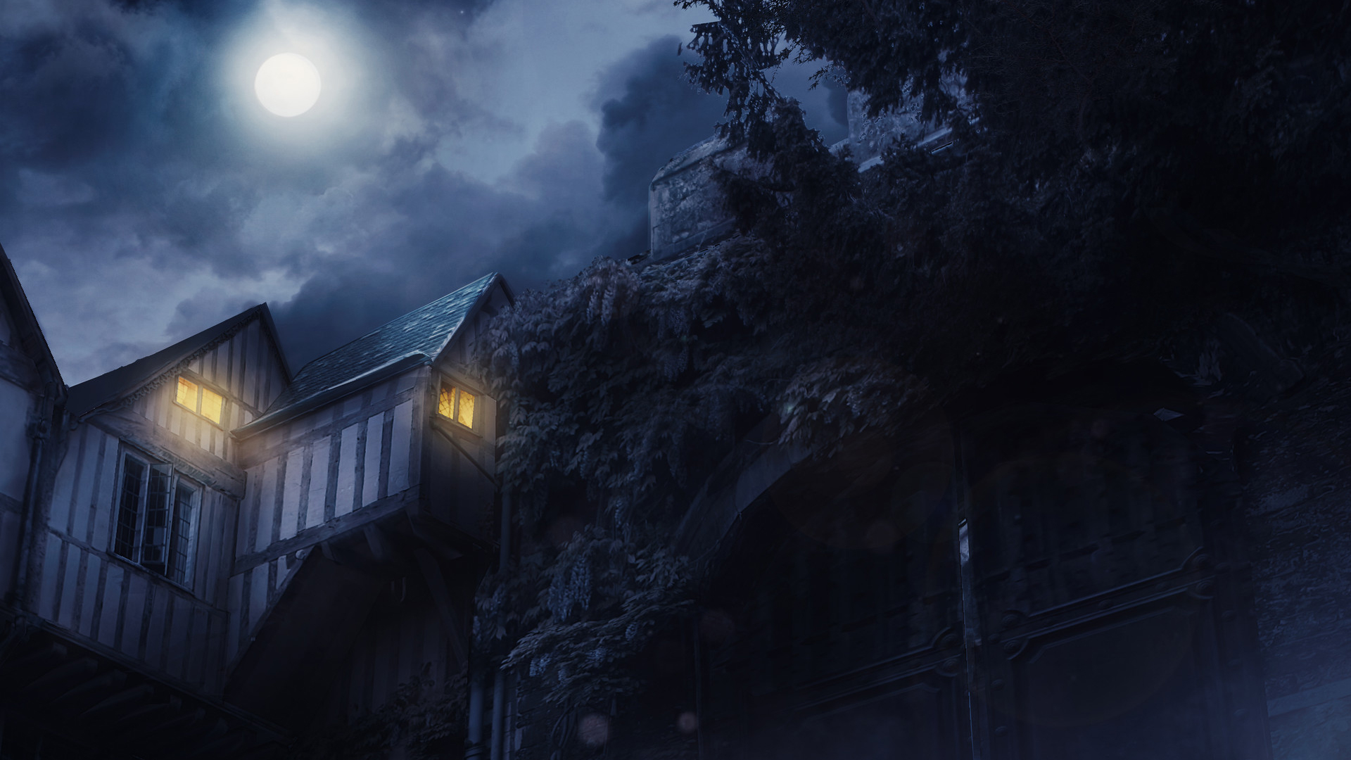 Free download wallpaper Fantasy, Sky, Night, Moon, Building, House, Cloud, Gate on your PC desktop