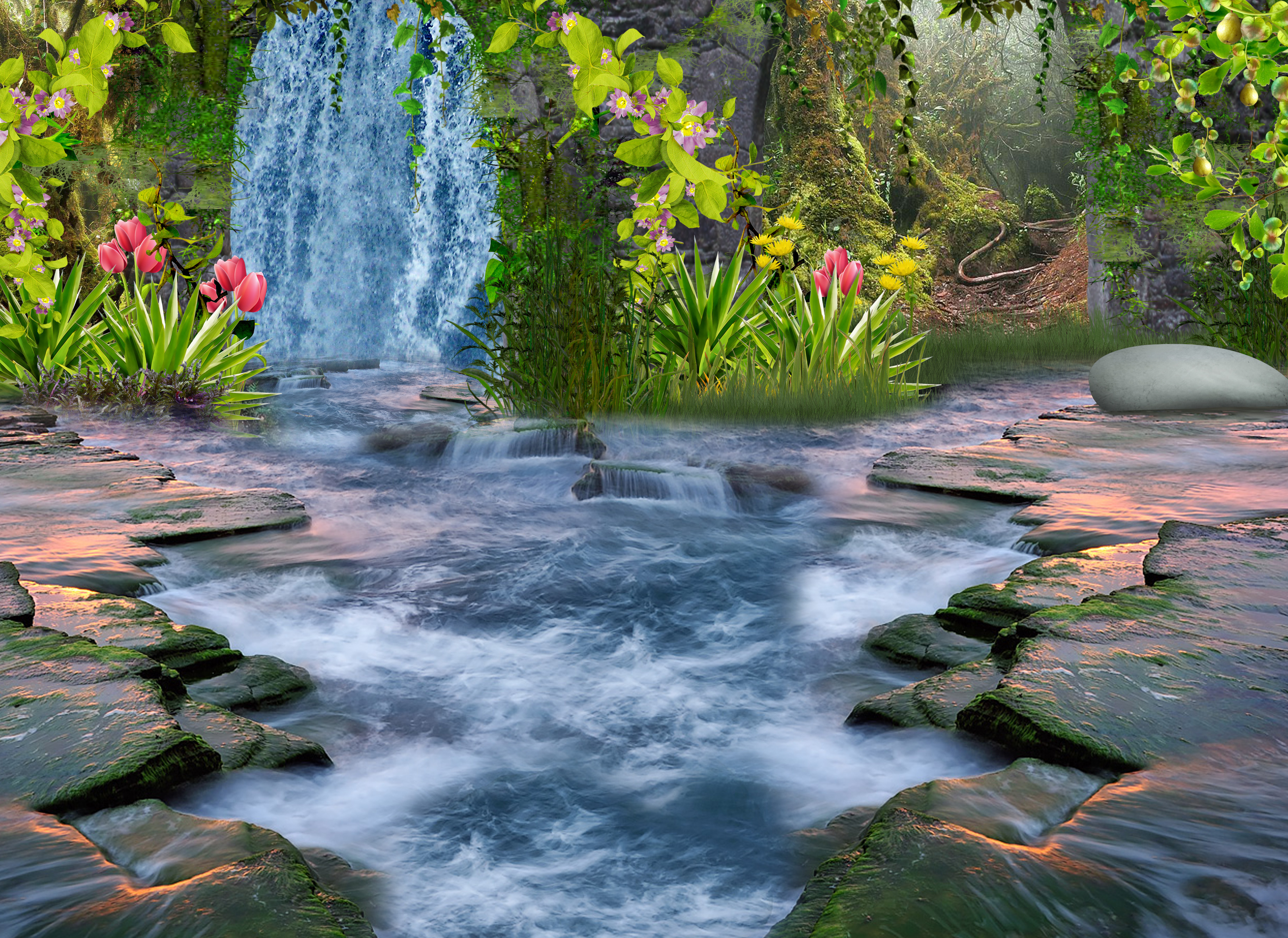 Free download wallpaper Fantasy, Flower, Forest, Stream, Artistic on your PC desktop