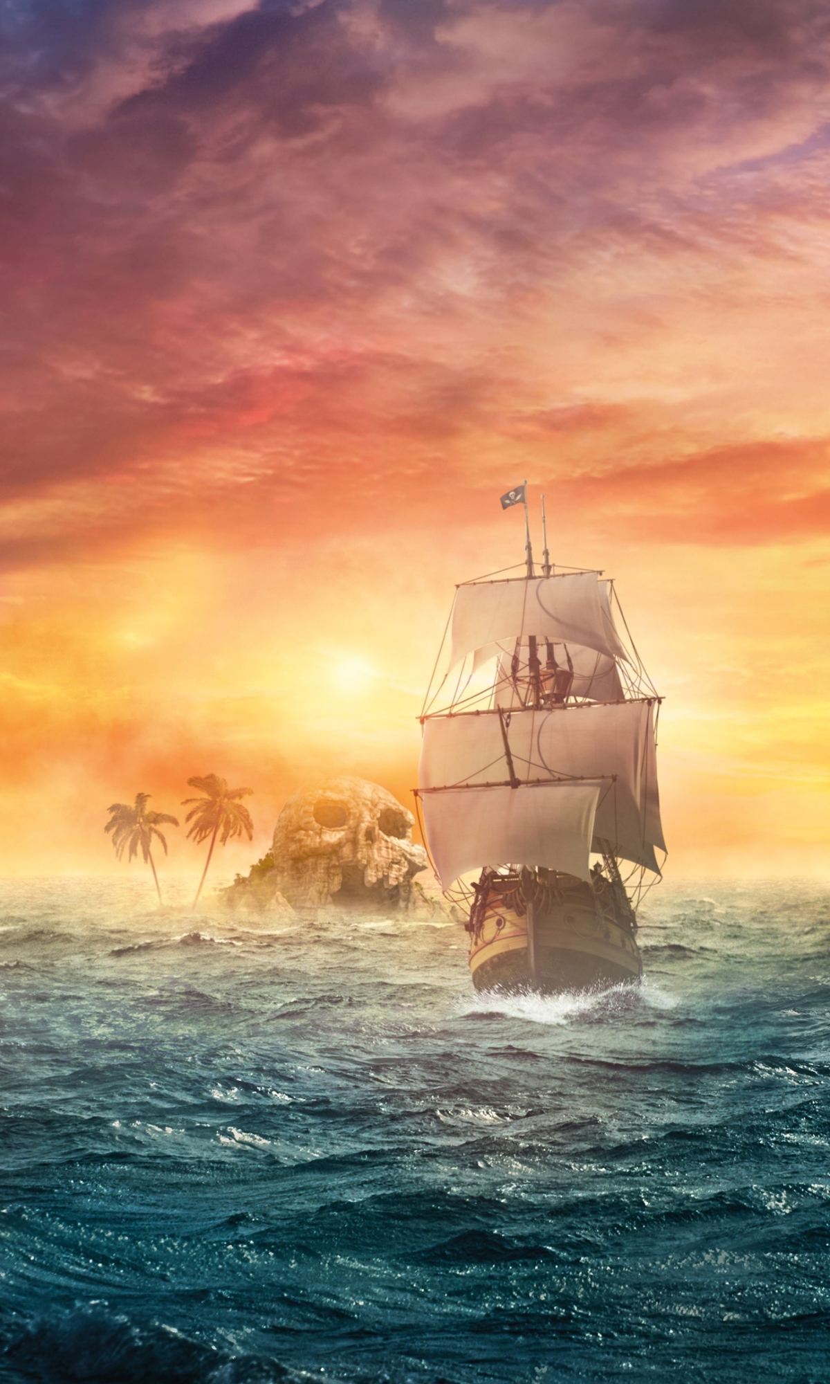 Download mobile wallpaper Fantasy, Sunset, Ocean, Sailboat, Ship, Skull, Pirate Ship for free.