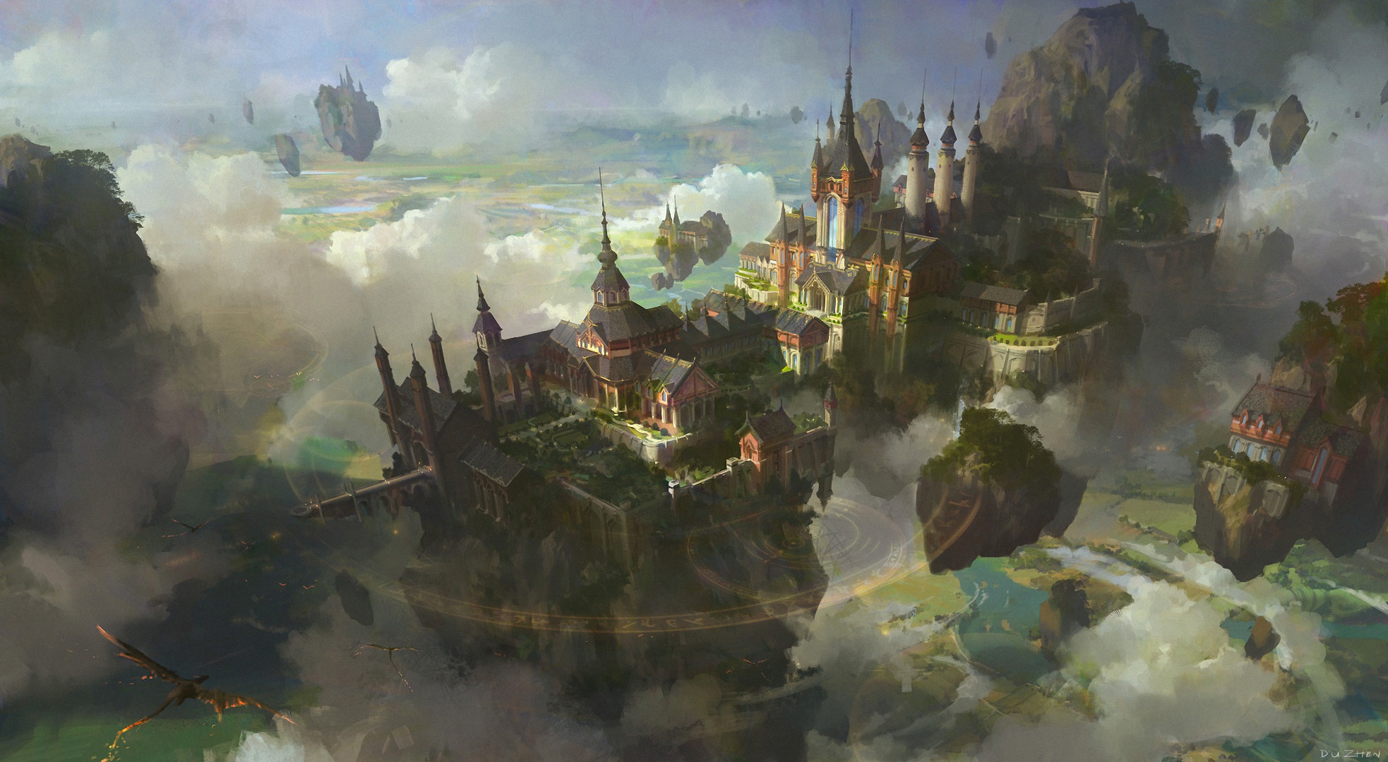 Free download wallpaper Landscape, Fantasy, City, Building, Cloud, Floating Island on your PC desktop