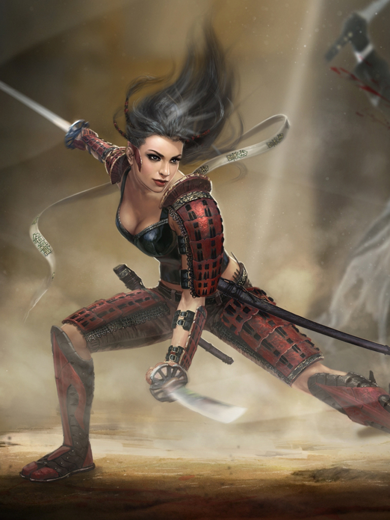 Download mobile wallpaper Fantasy, Blood, Fight, Samurai, Armor, Sword, Woman Warrior for free.
