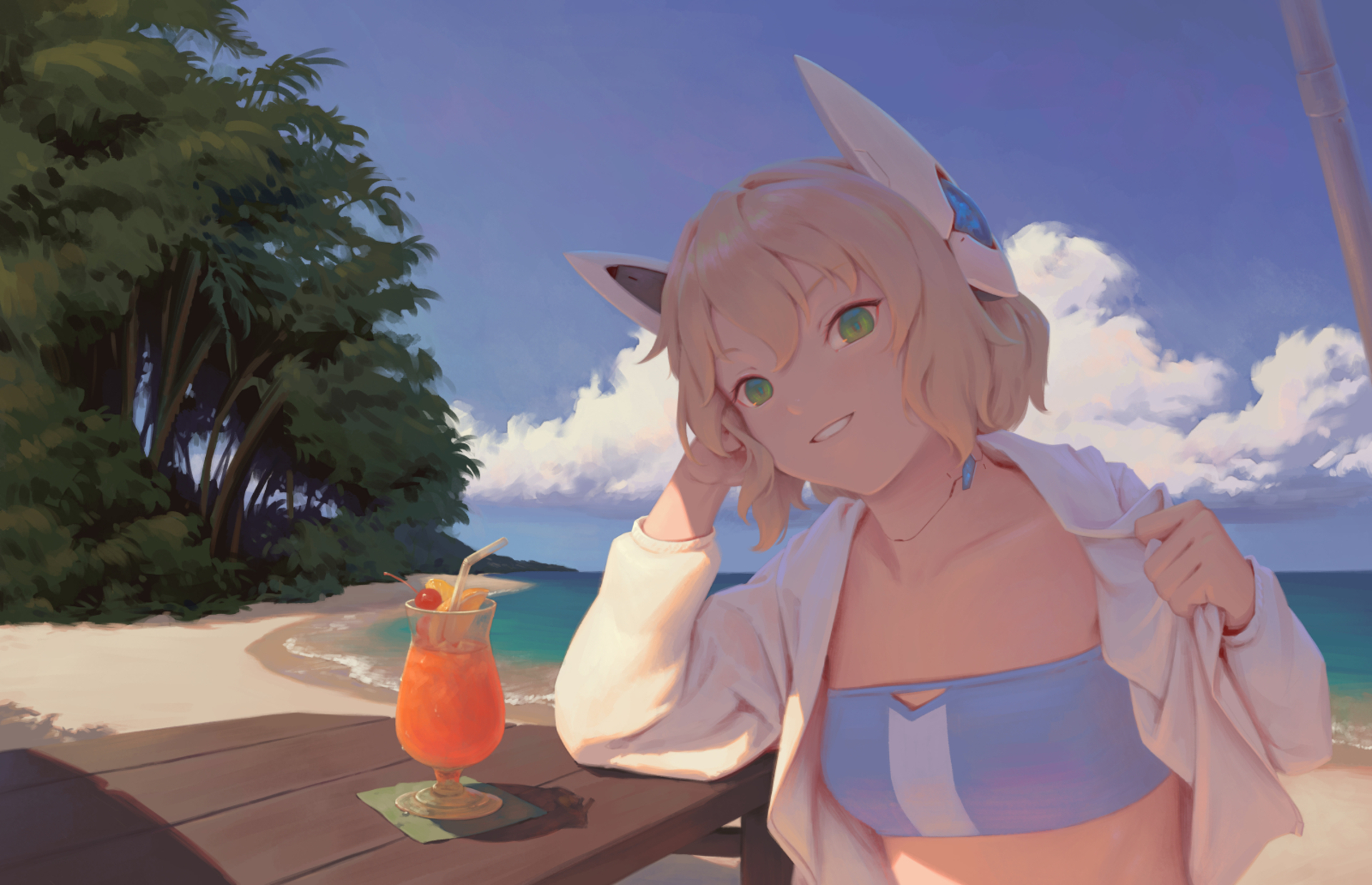 Download mobile wallpaper Anime, Beach, Table, Cloud, Juice, Original, Greenery for free.