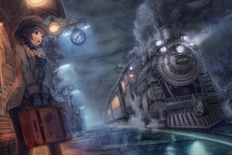 Download mobile wallpaper Anime, Rain, Clock, Hat, Train, Coat, Train Station for free.