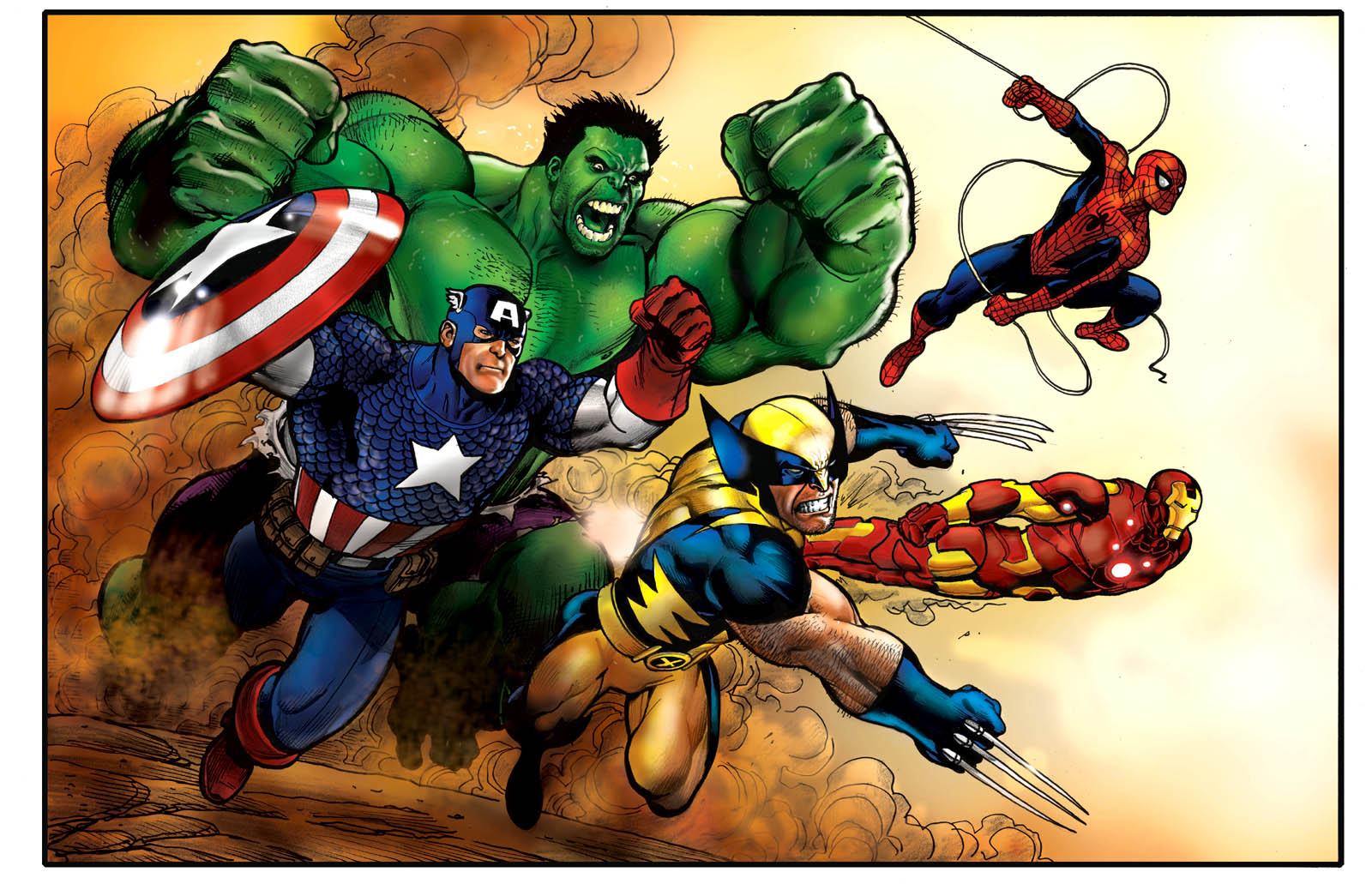 Скачать обои бесплатно Росомаха, Комиксы, Железный Человек, Капитан Америка, Халк, Человек Паук, Комиксы Марвел картинка на рабочий стол ПК
