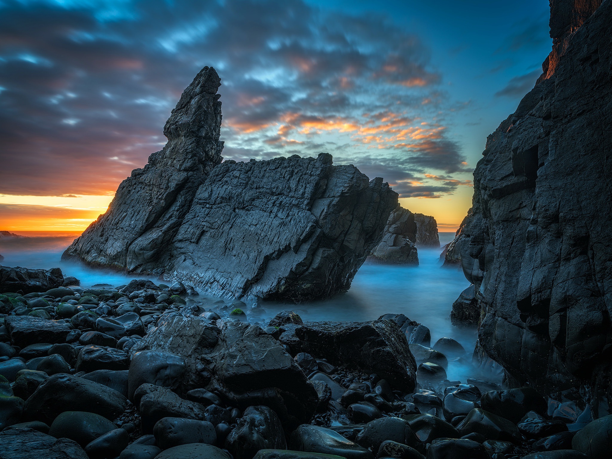 Free download wallpaper Nature, Sunset, Rock, Coast, Earth on your PC desktop