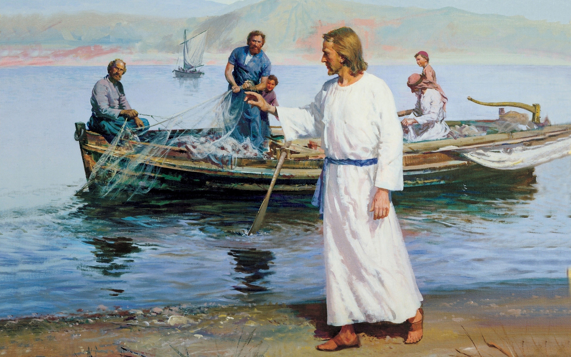 877675 скачать обои иисус, море, религия, люди, вода, религиозные, лодка, картина - заставки и картинки бесплатно