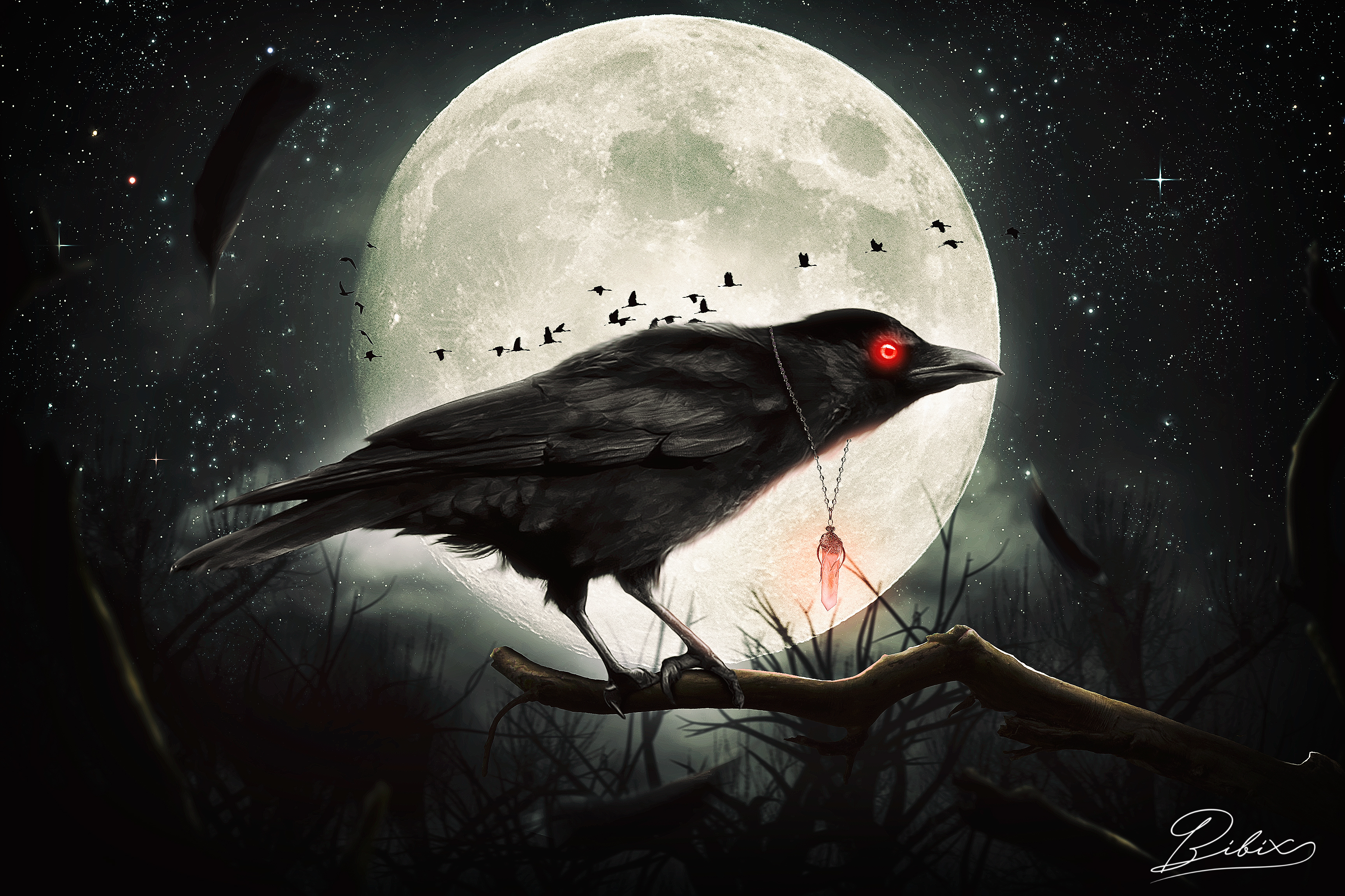 Free download wallpaper Fantasy, Night, Moon, Bird, Branch, Raven, Fantasy Animals on your PC desktop