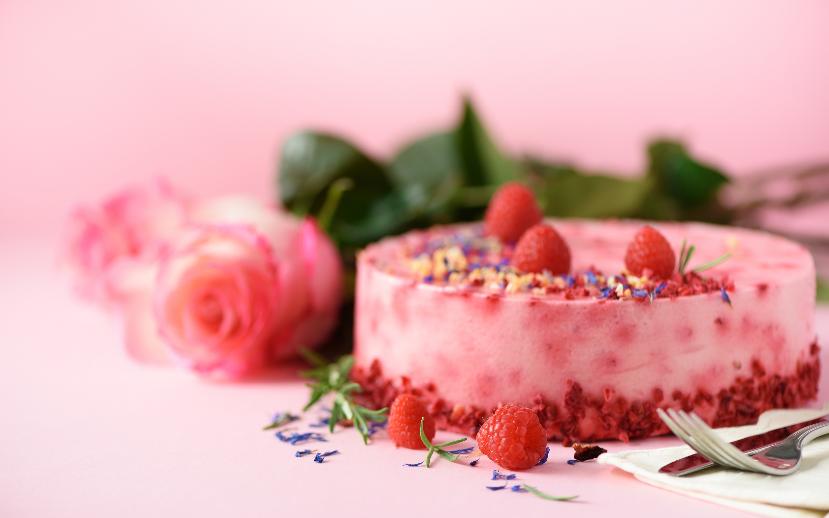 food, cake, flower, fork, knife, rose, strawberry