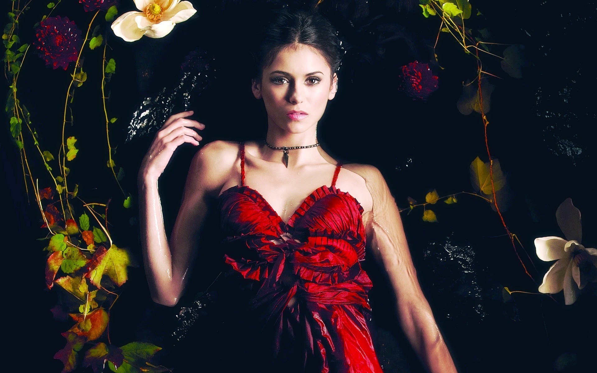 Free download wallpaper Flower, Dress, Celebrity, Nina Dobrev on your PC desktop