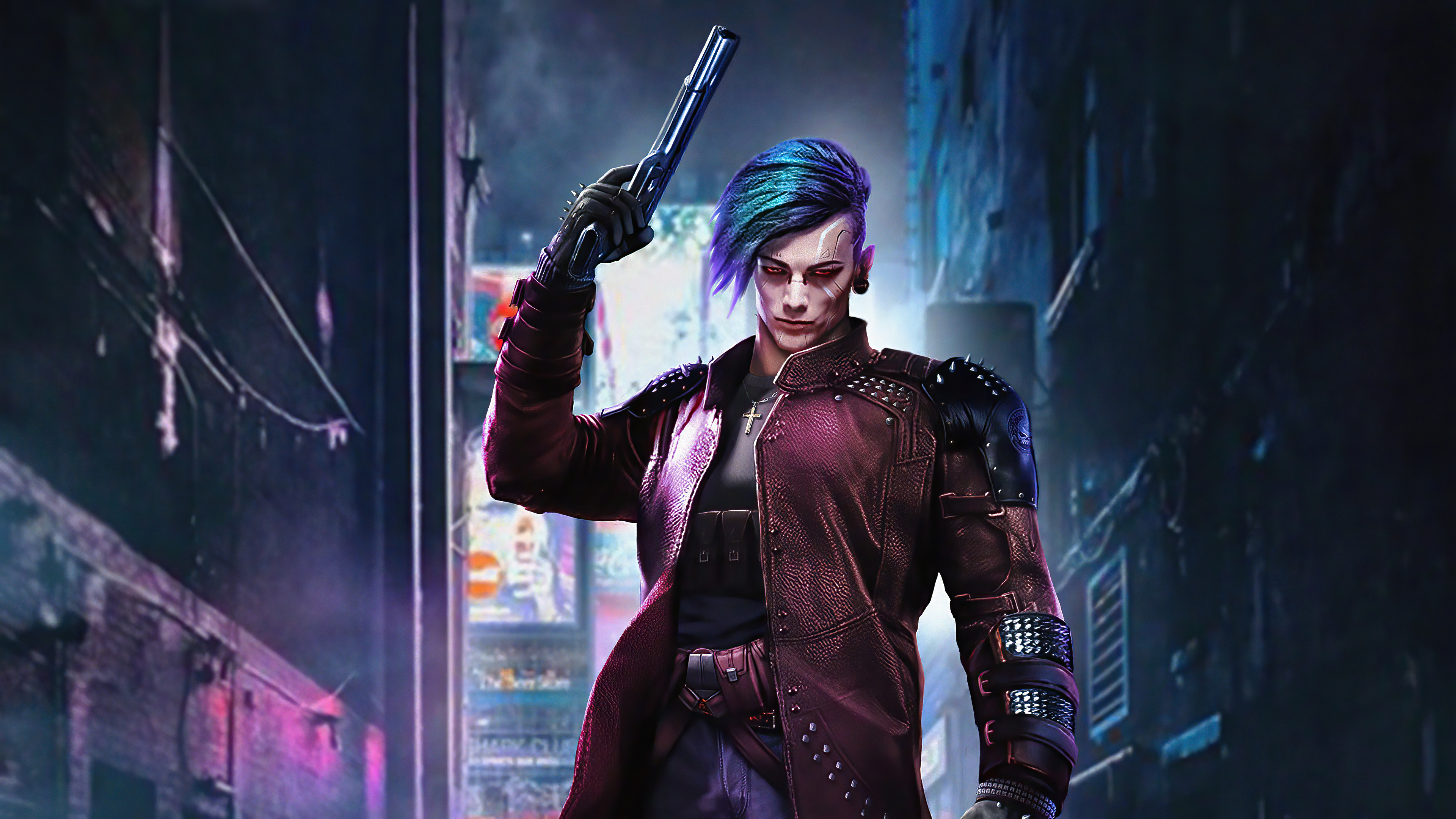 Laden Sie das Cyberpunk, Science Fiction, Cyborg, Futuristisch, Blaue Haare, Pistole-Bild kostenlos auf Ihren PC-Desktop herunter