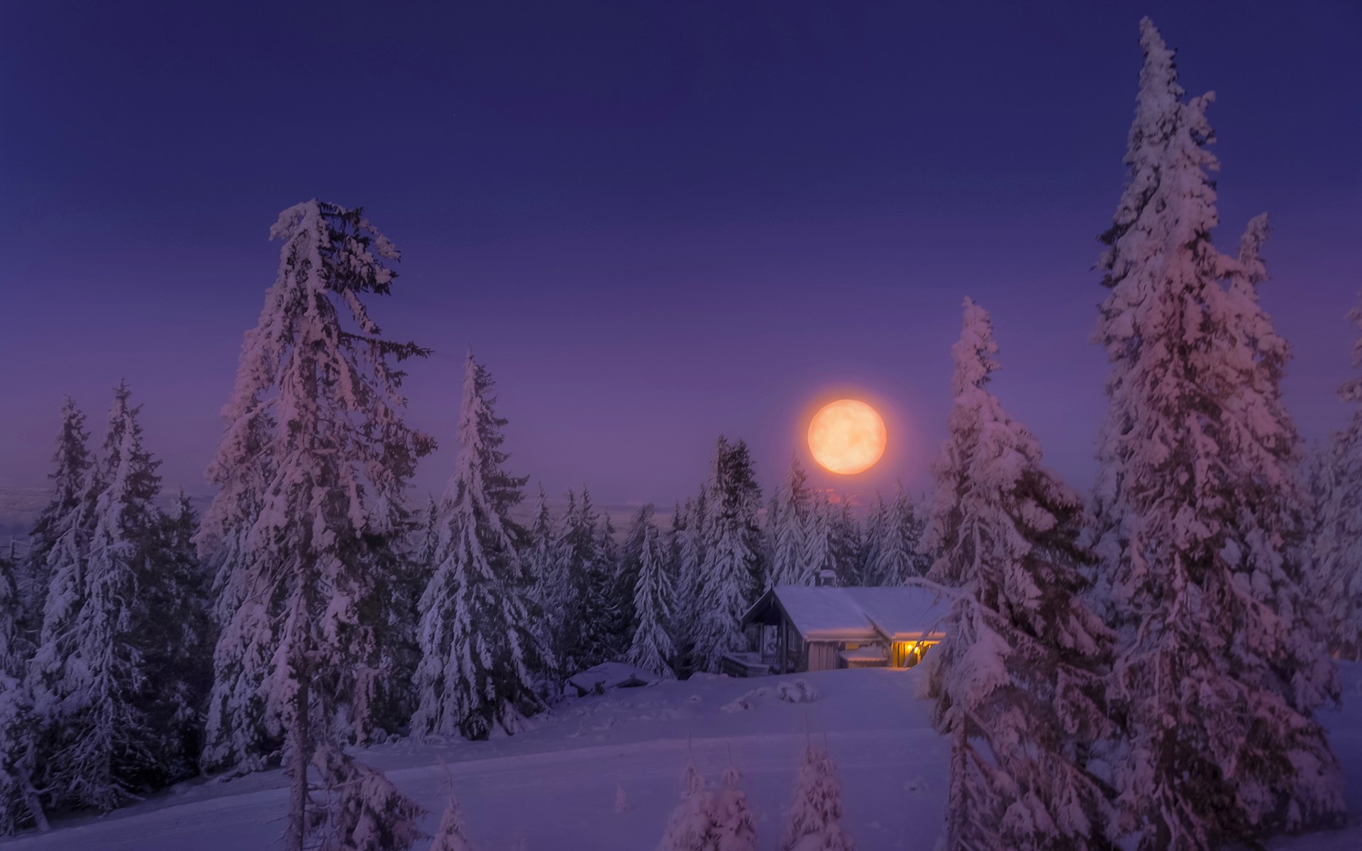 Download mobile wallpaper Winter, Night, Moon, Snow, House, Cabin, Man Made for free.
