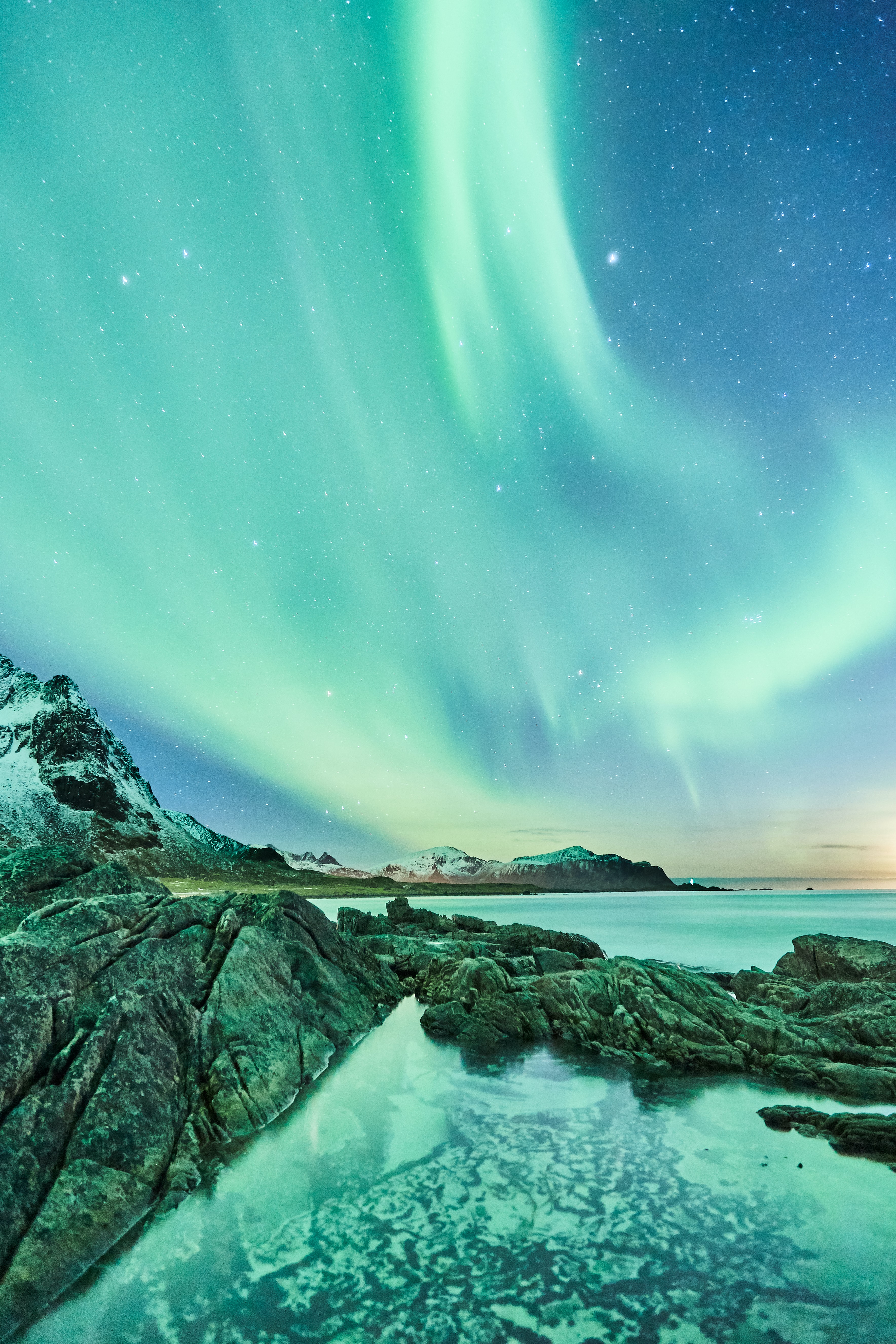 aurora borealis, nature, northern lights, stars, rocks, lake, starry sky