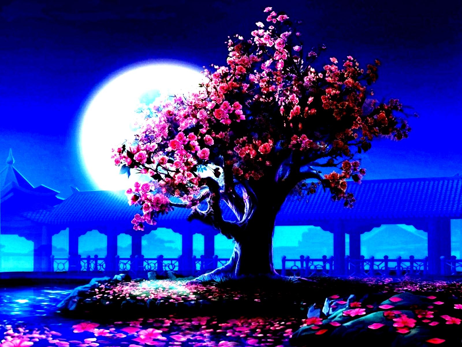 Free download wallpaper Pink, Moon, Flower, Tree, Artistic, Petal, Moonlight on your PC desktop