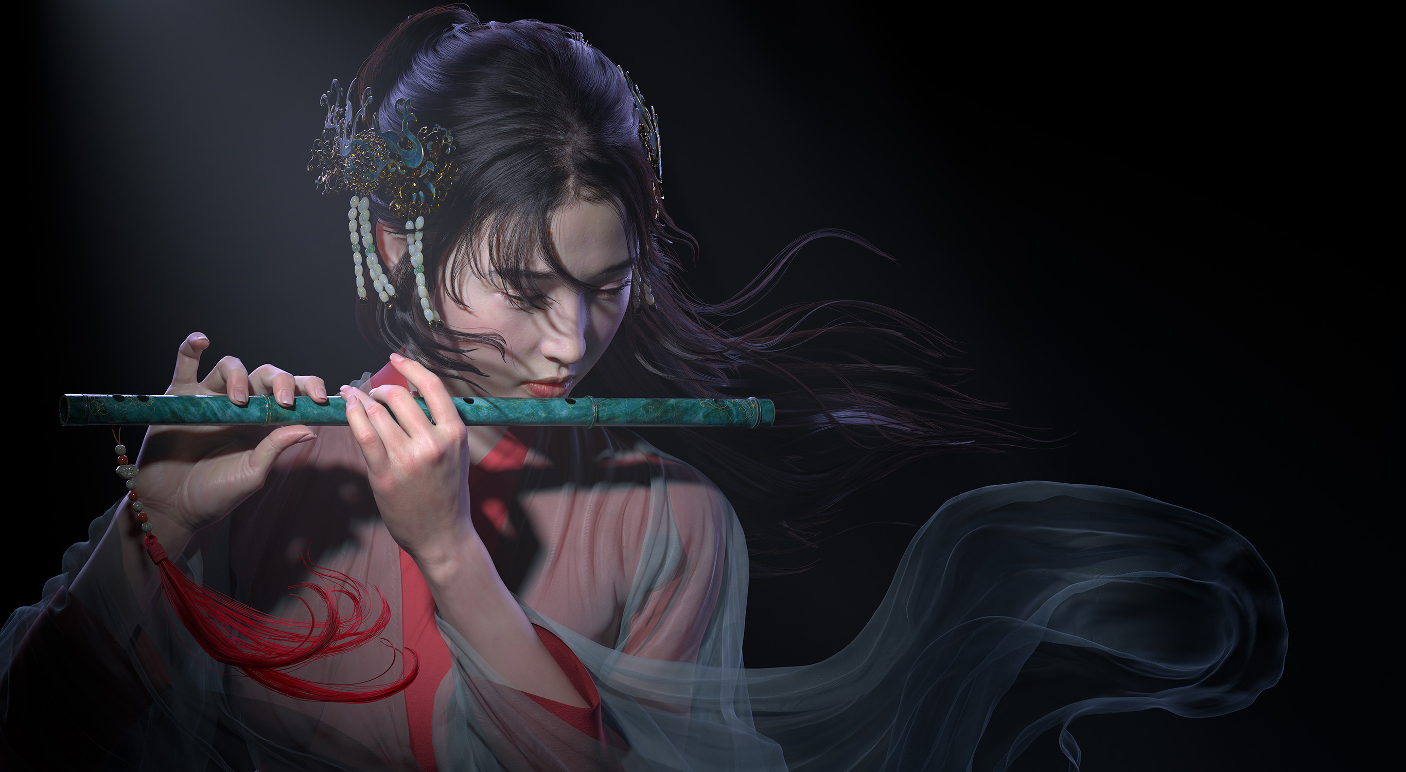 Free download wallpaper Fantasy, Women, Asian, Flute on your PC desktop
