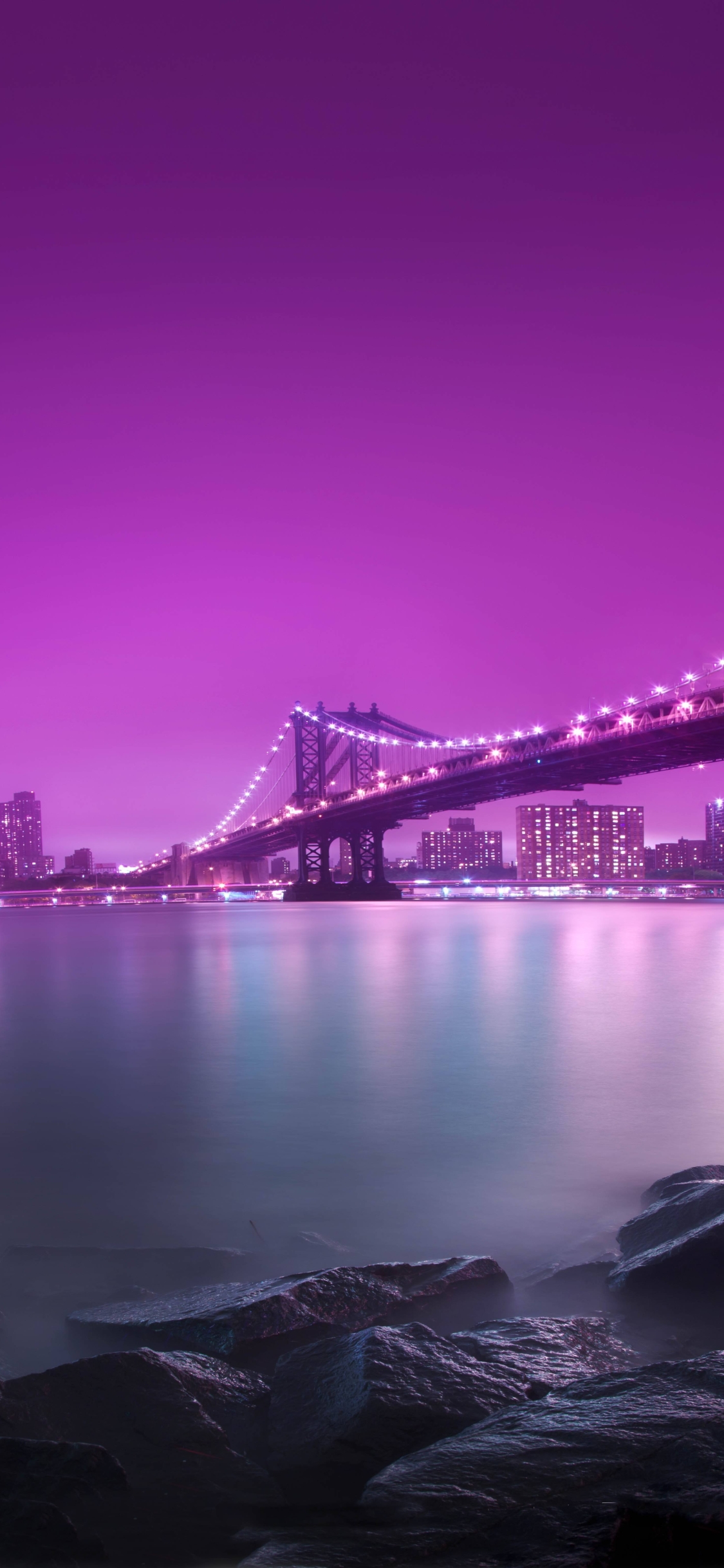 無料モバイル壁紙川, 橋, 街, ブリッジ, 紫の, マンハッタン橋, 夜, マンメイドをダウンロードします。