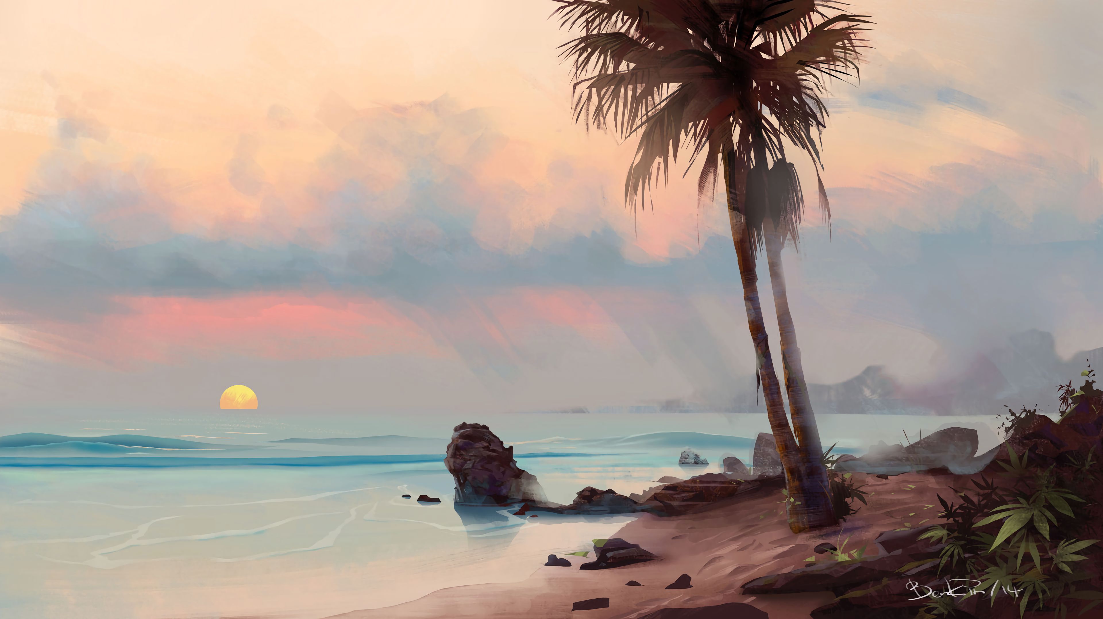 art, tropics, palm, beach, shore, bank HD wallpaper