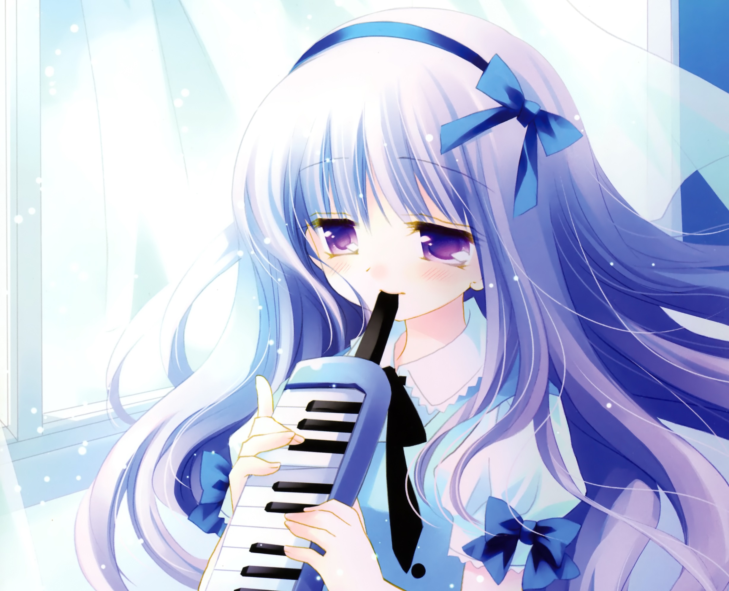 Free download wallpaper Music, Anime, Ribbon, Keyboard, Long Hair, Flute, Purple Eyes, Purple Hair on your PC desktop