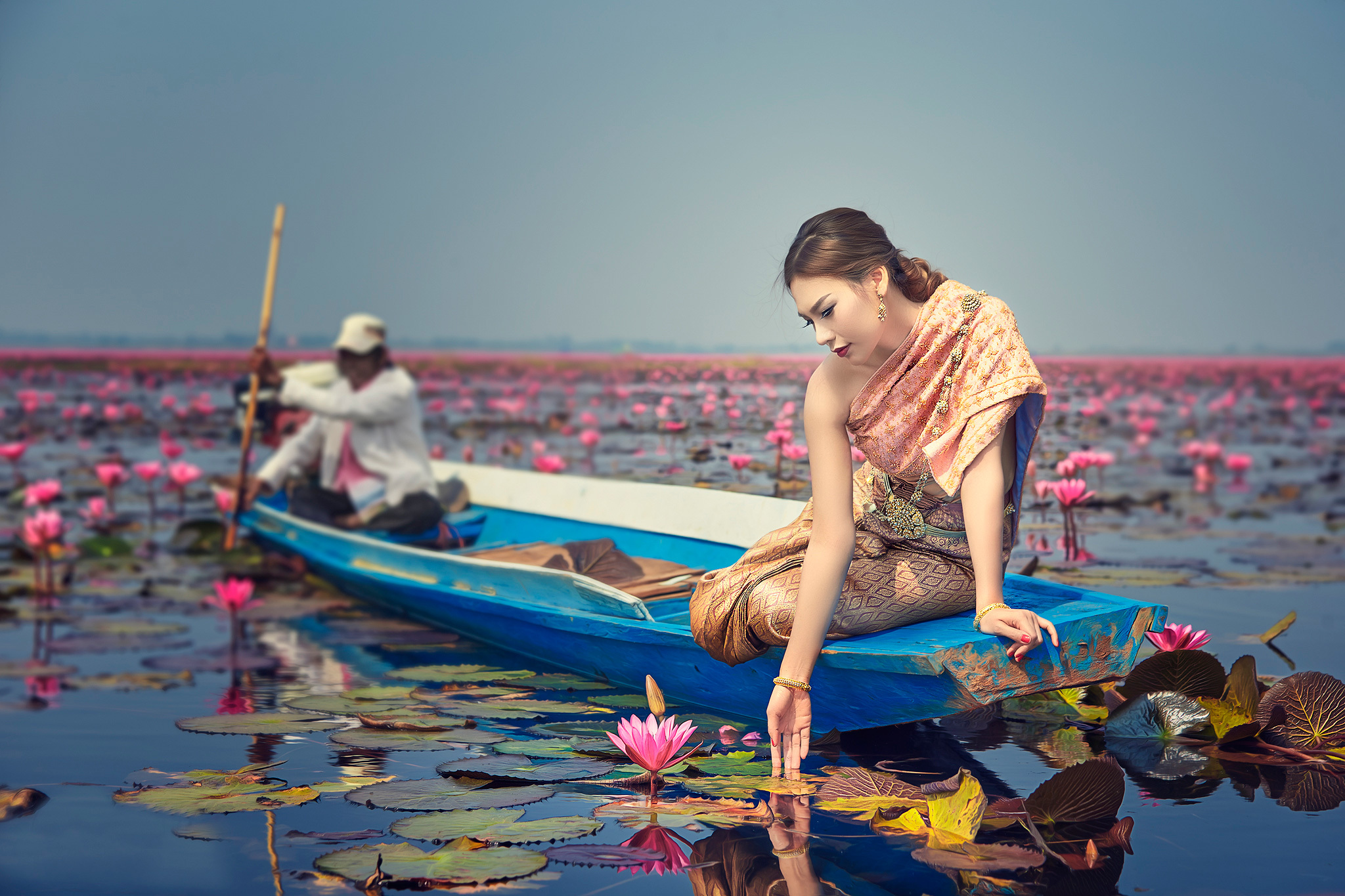 thai, photography, oriental, boat, model, national dress, portrait, thailand, water lily