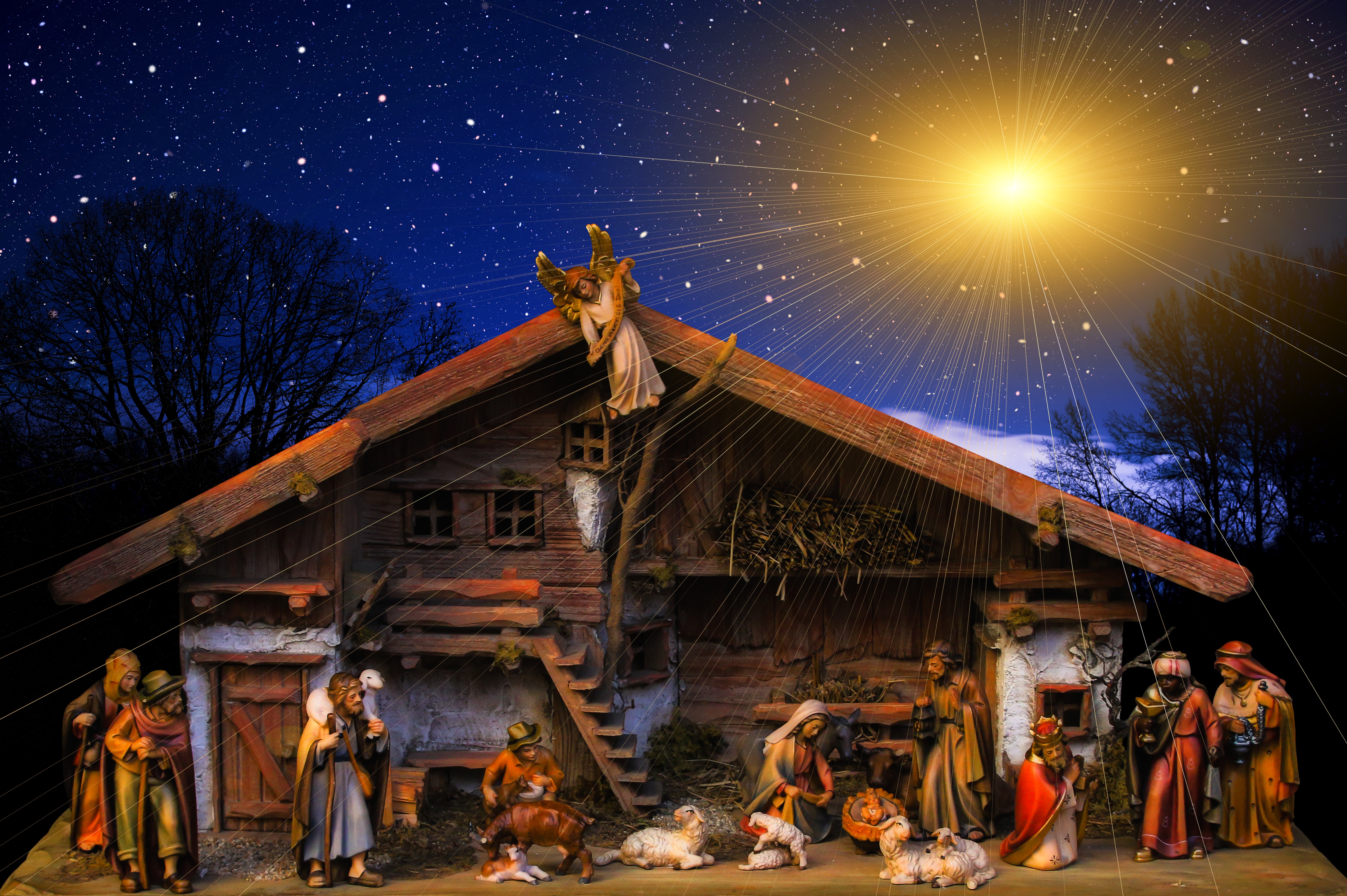 921556 скачать обои иисус, рождество, праздничные, ангел, фигурка, мария (мать иисуса), ночь, звезды - заставки и картинки бесплатно