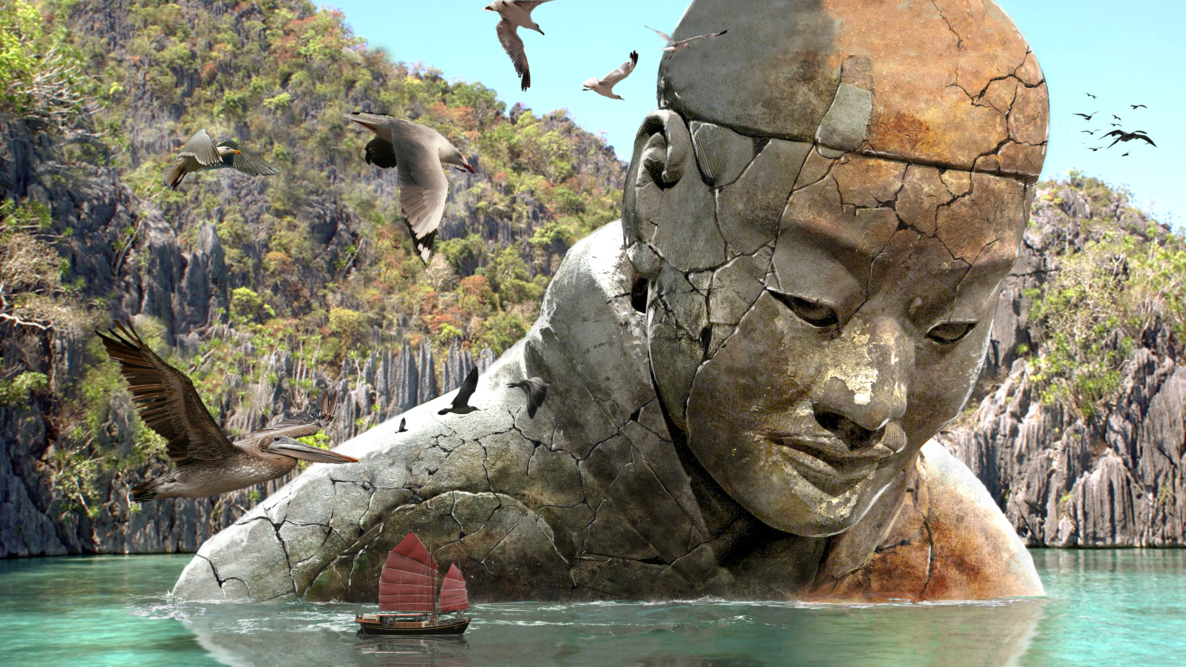 Free download wallpaper Fantasy, Coast, Bird, Boat, Statue, Artistic on your PC desktop