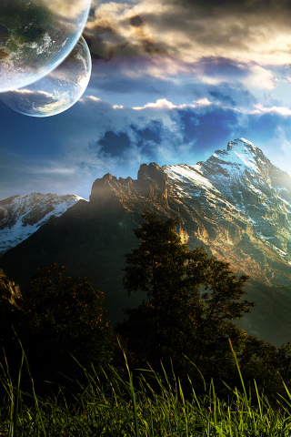 Handy-Wallpaper Landschaft, Berg, Planet, Gebirge, Science Fiction, Gras kostenlos herunterladen.