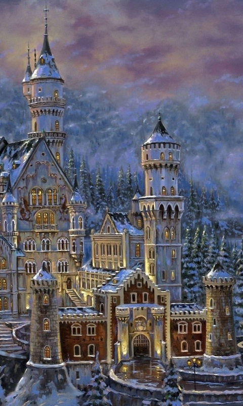 Скачать картинку Зима, Фэнтези, Снег, Замки, Замок, Дерево, Картина, Замок Нойшванштайн в телефон бесплатно.