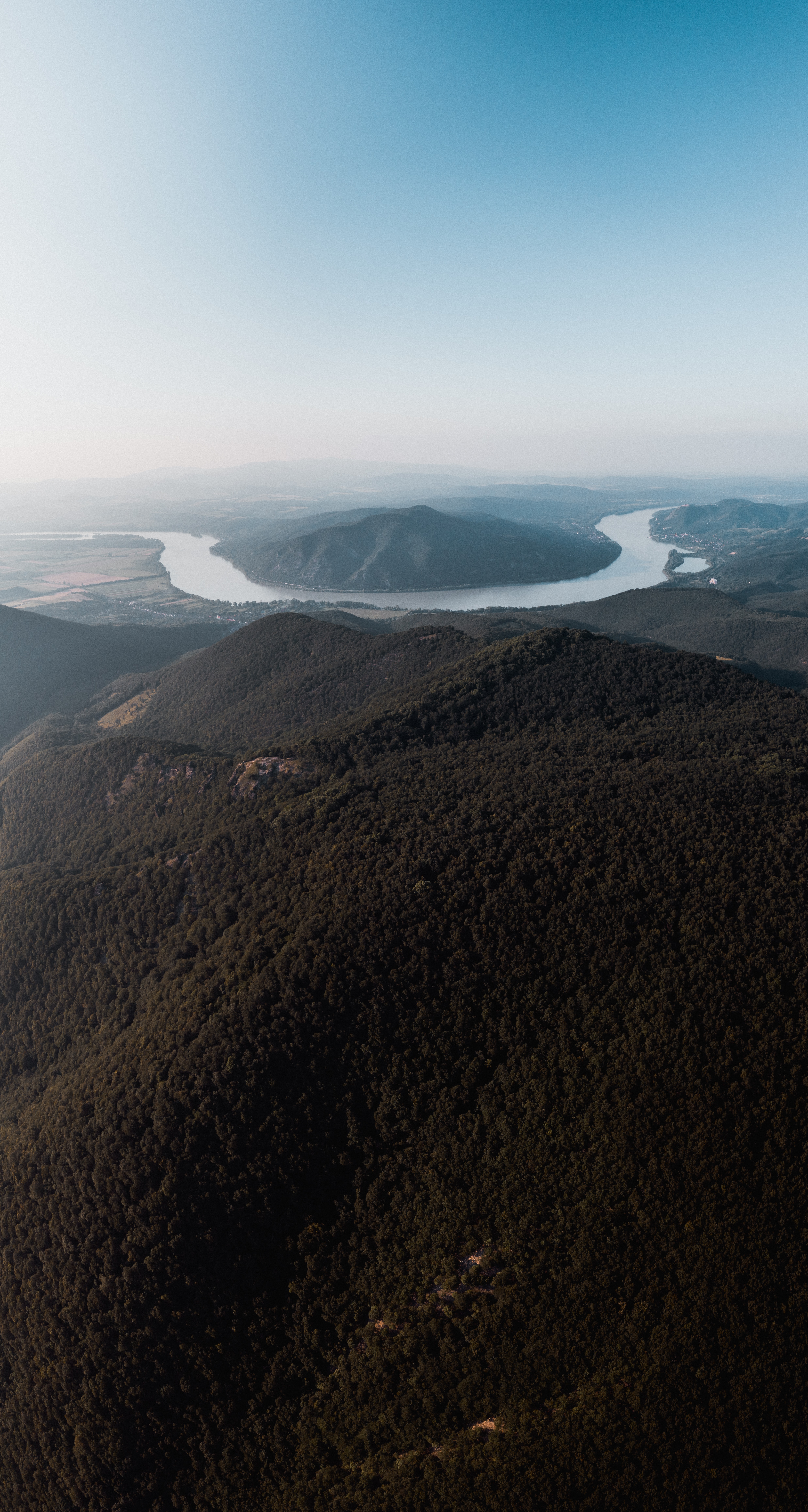 Download mobile wallpaper Vertex, Fog, Tops, View From Above, Rivers, Forest, Mountains, Nature for free.