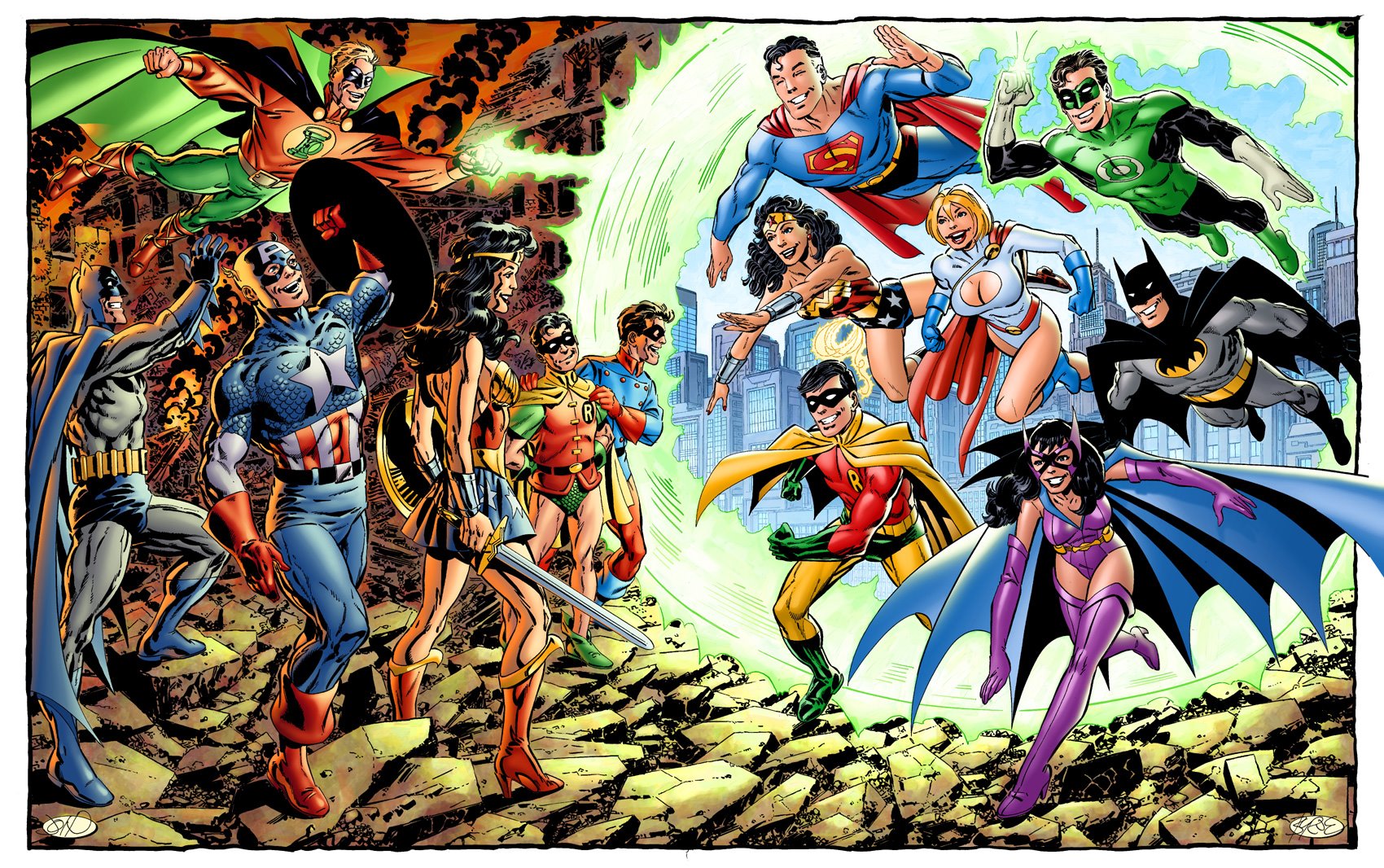 comics, collage, batman, bucky barnes, captain america, green lantern, huntress (dc comics), power girl, robin (dc comics), superman, wonder woman