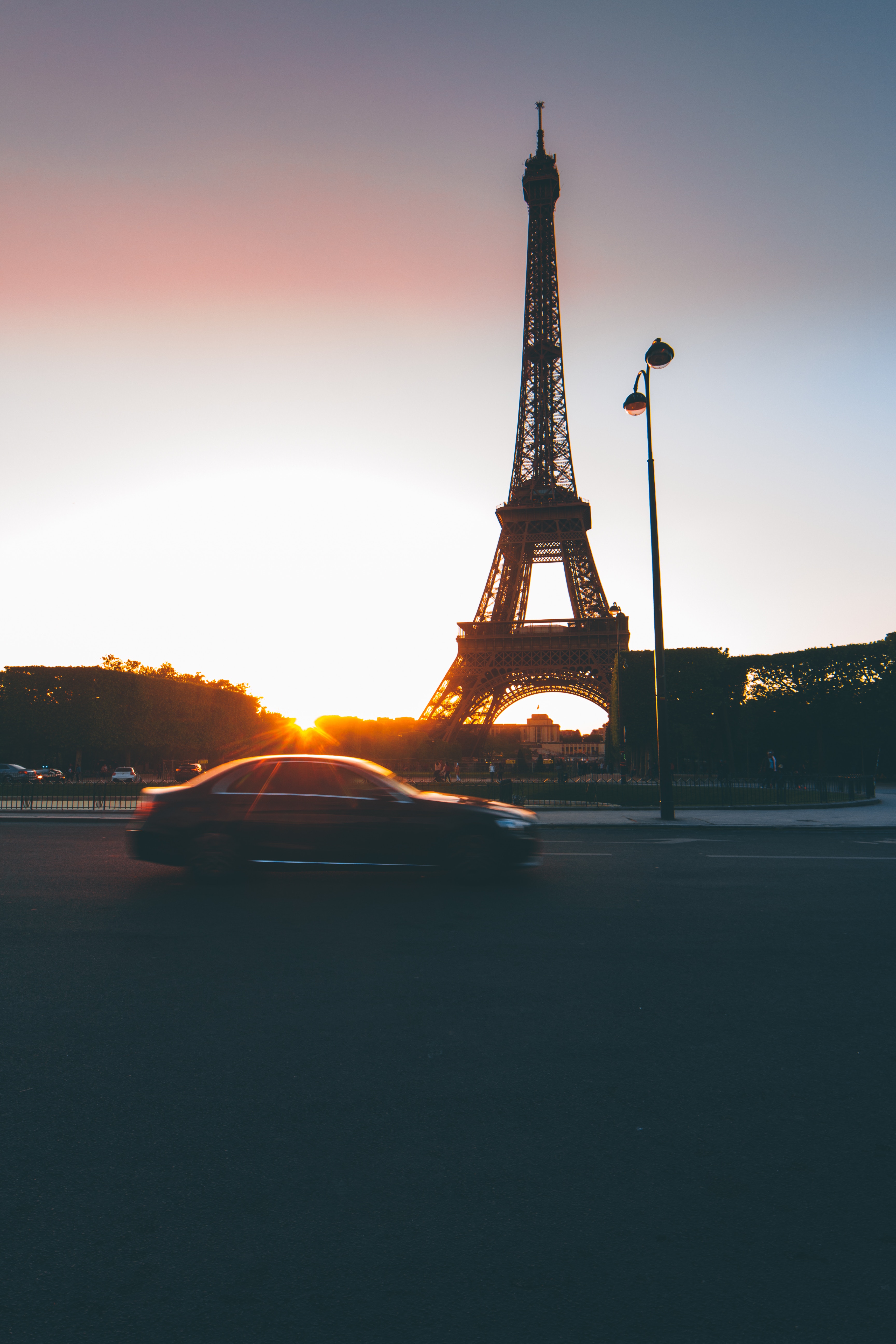 paris, cities, sunset, eiffel tower, car, traffic, movement, france Full HD