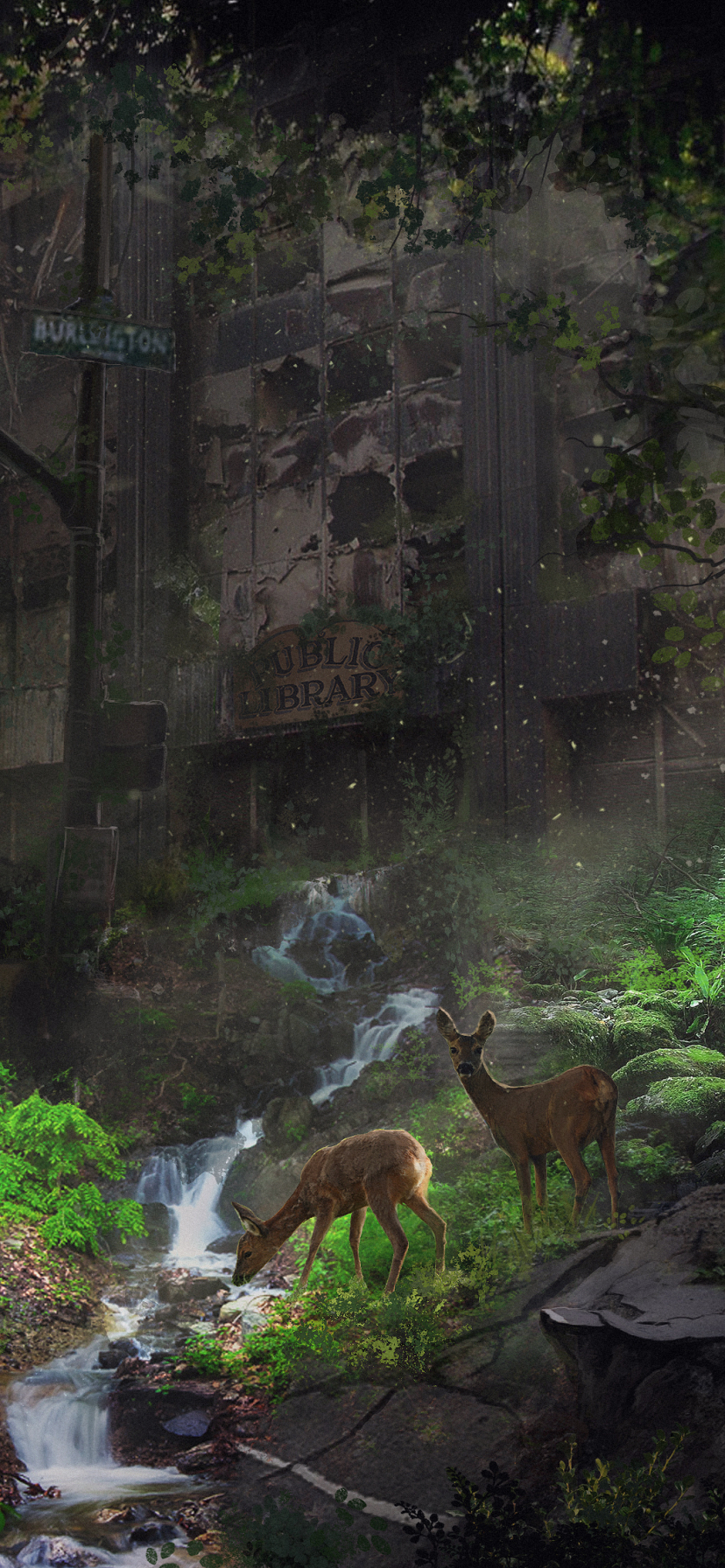 Download mobile wallpaper Stream, Sci Fi, Deer, Ruin, Post Apocalyptic for free.