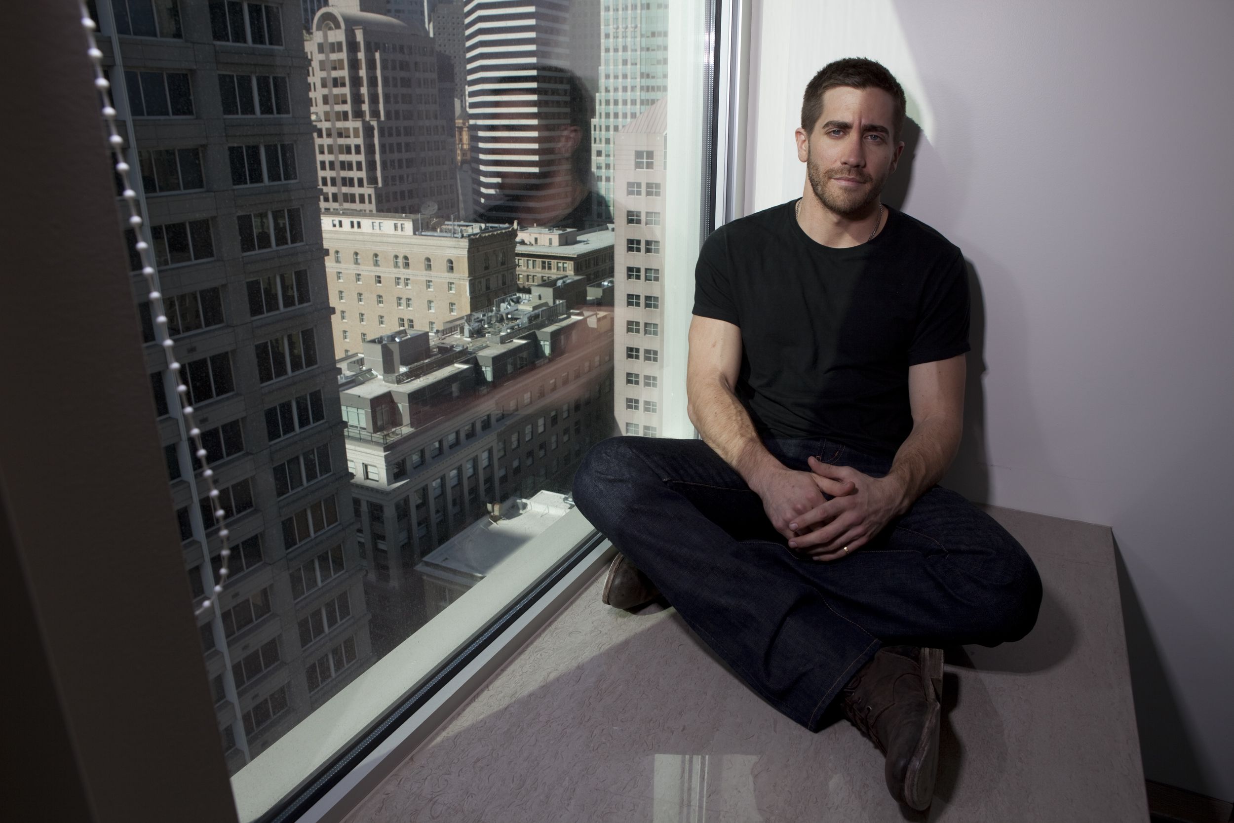 Download mobile wallpaper Jake Gyllenhaal, Window, Beard, Celebrity, Actor for free.
