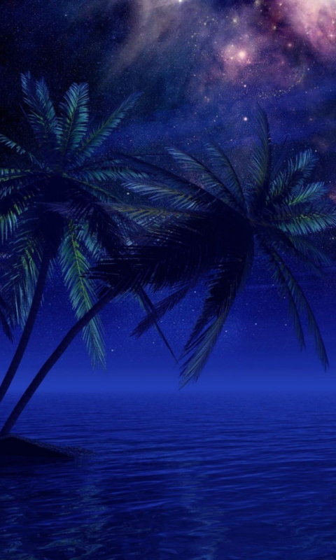 Download mobile wallpaper Fantasy, Night, Ocean, Starry Sky, Artistic, Palm Tree for free.