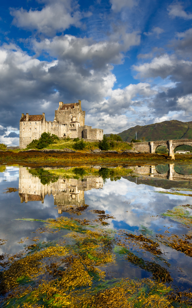 Download mobile wallpaper Castles, Reflection, Bridge, Scotland, Cloud, Man Made, Castle, Eilean Donan Castle for free.