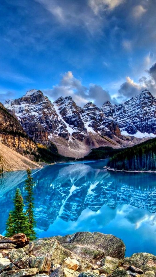 Handy-Wallpaper Landschaft, Seen, Berg, See, Kanada, Baum, Erde, Gebirge, Hdr, Moränensee, Banff Nationalpark, Erde/natur, Spiegelung, Betrachtung kostenlos herunterladen.