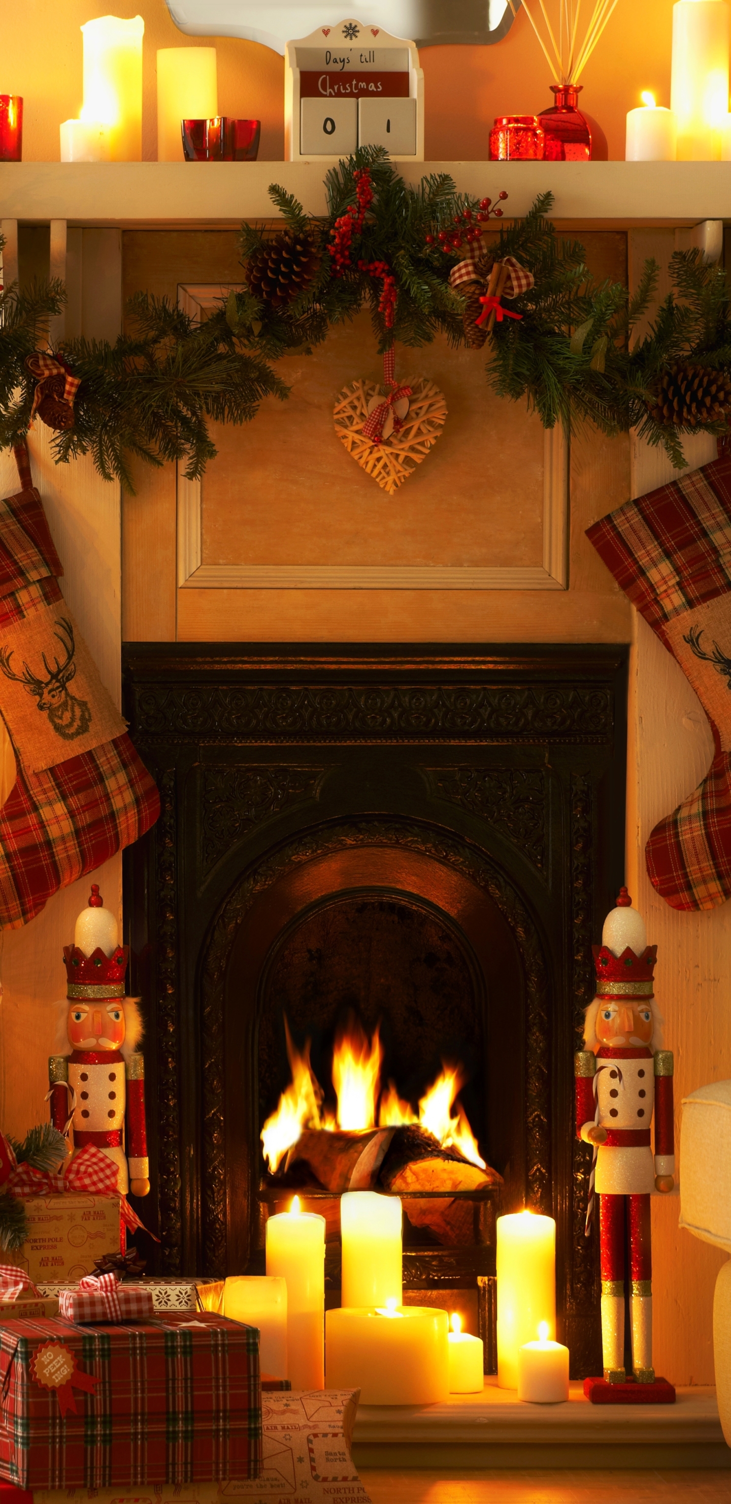 Download mobile wallpaper Christmas, Holiday, Decoration, Candle, Fireplace for free.