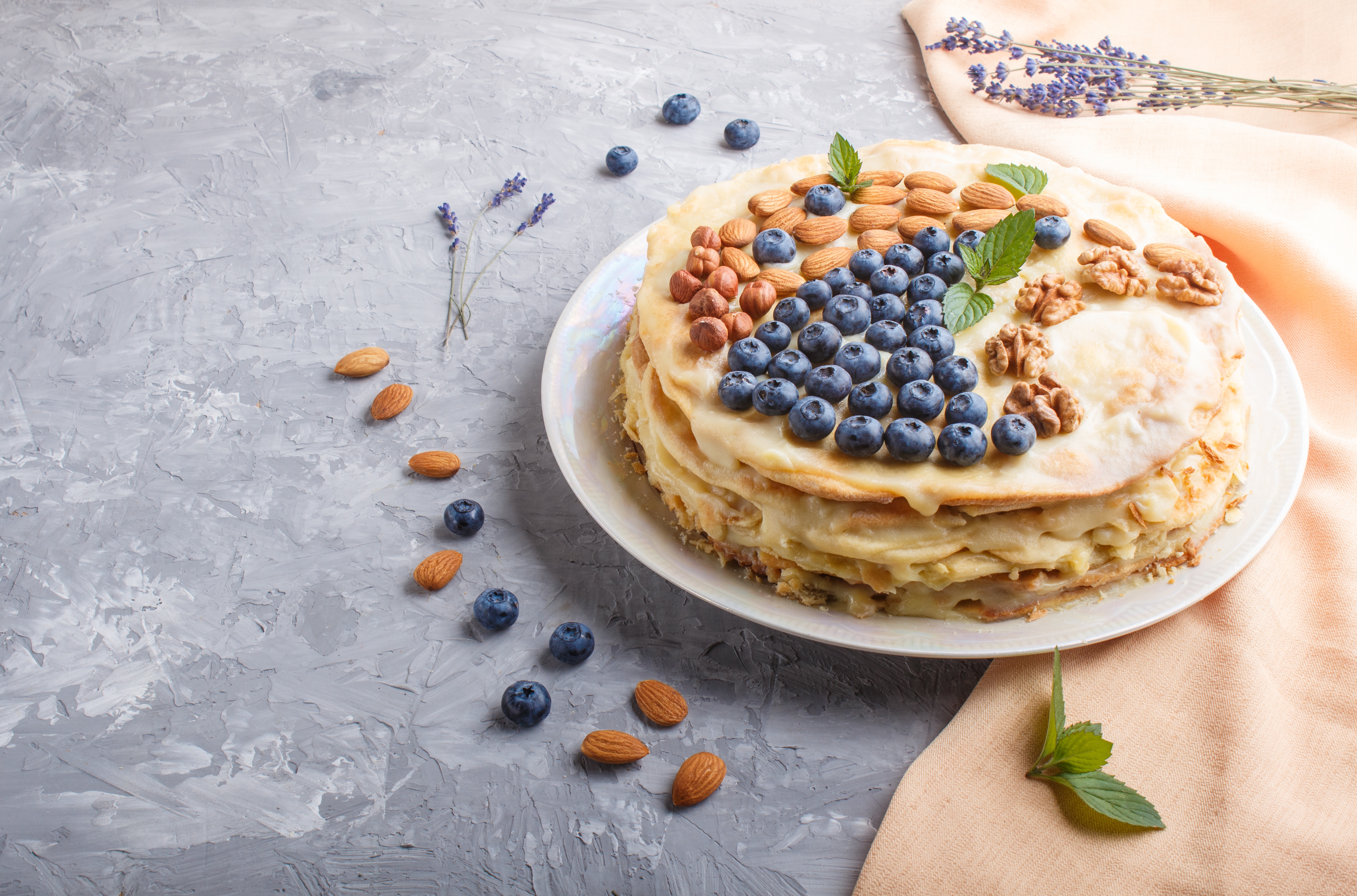 Download mobile wallpaper Food, Dessert, Blueberry, Still Life, Cake, Berry, Nut for free.