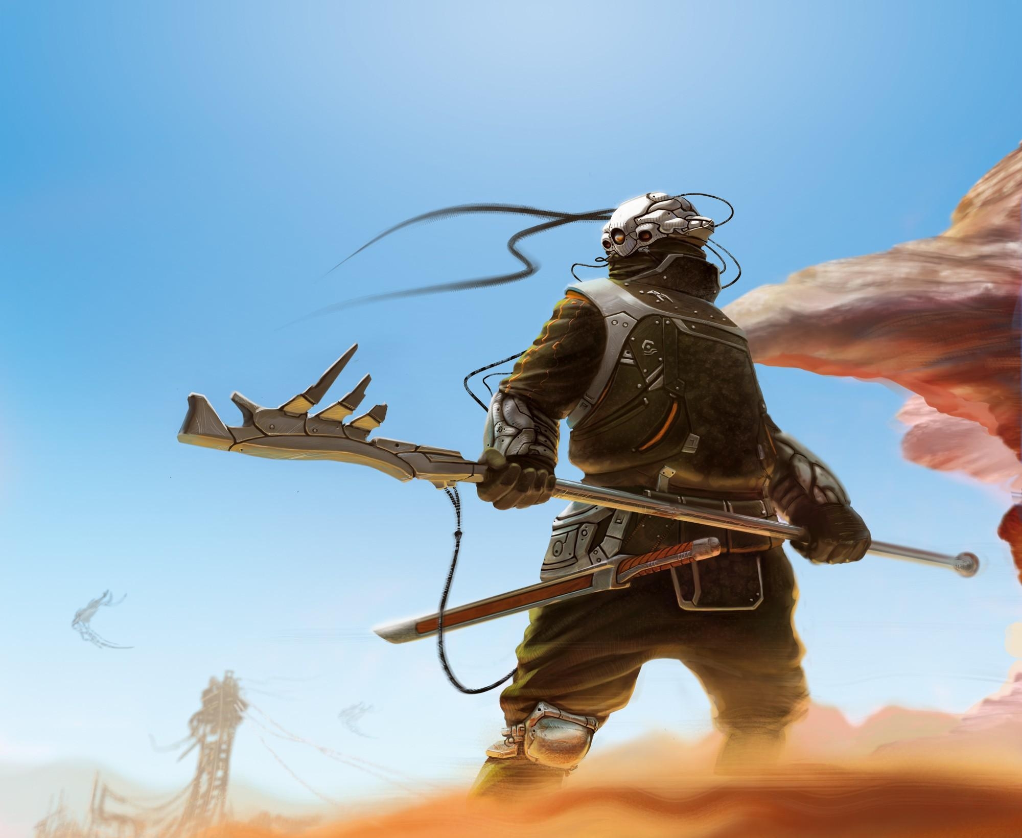 Free download wallpaper Sky, Sand, Weapon, Cyborg, Fantasy on your PC desktop