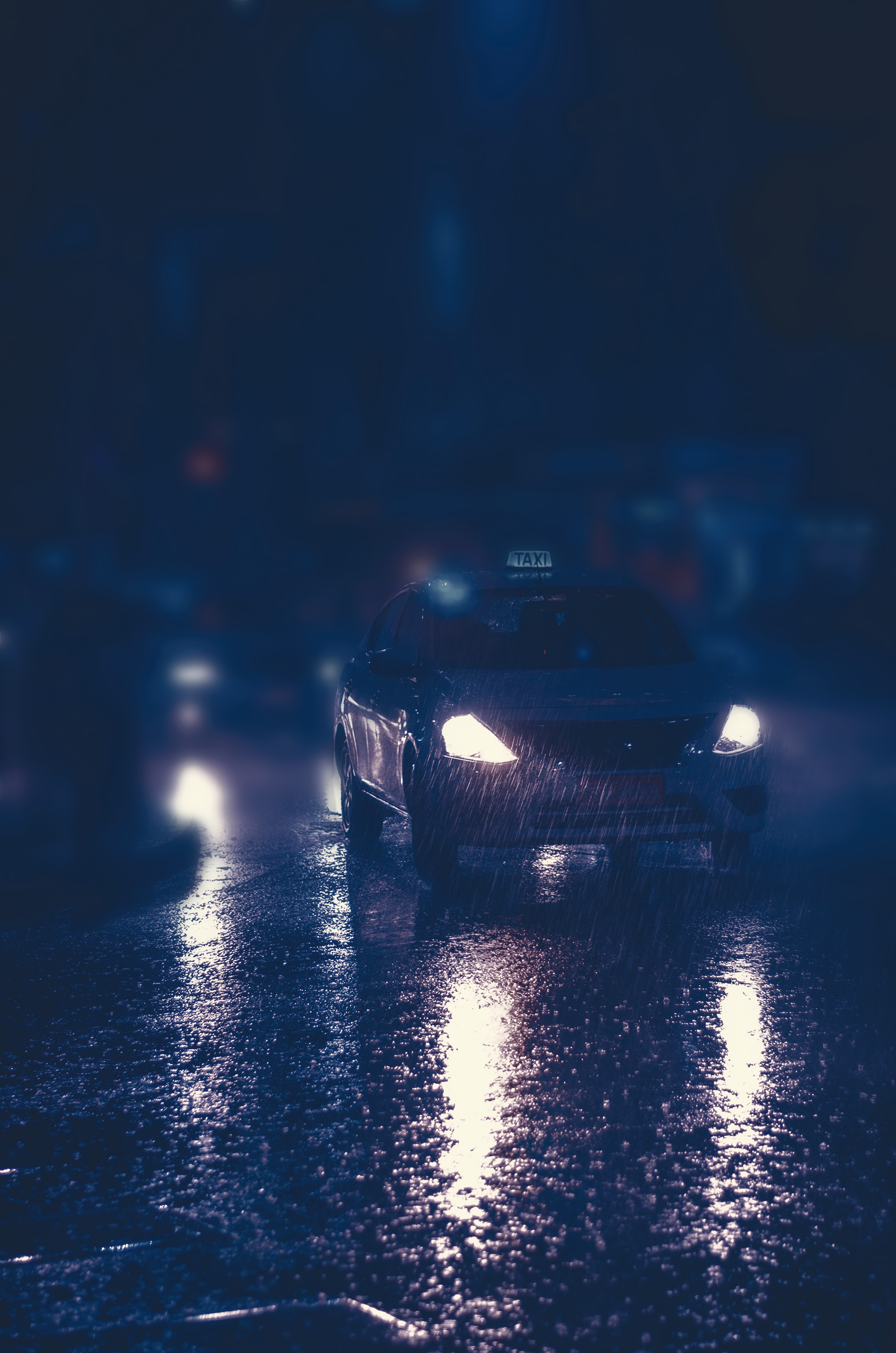 rain, night, taxi, lights, dark, car, headlights, street