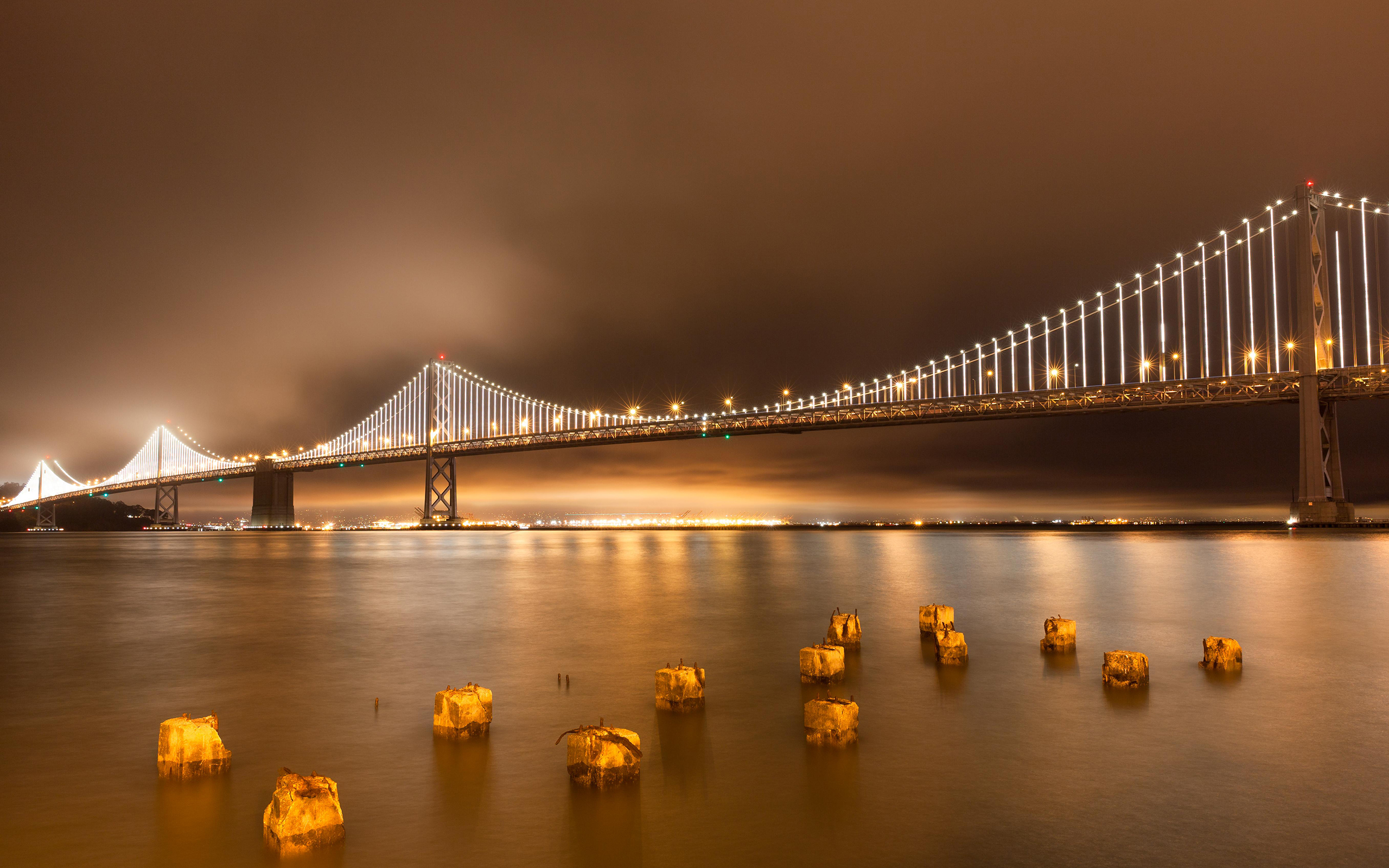 PCデスクトップに橋, 海, 光, 海洋, ブリッジ, サンフランシスコ, 夜, ベイブリッジ, マンメイド画像を無料でダウンロード