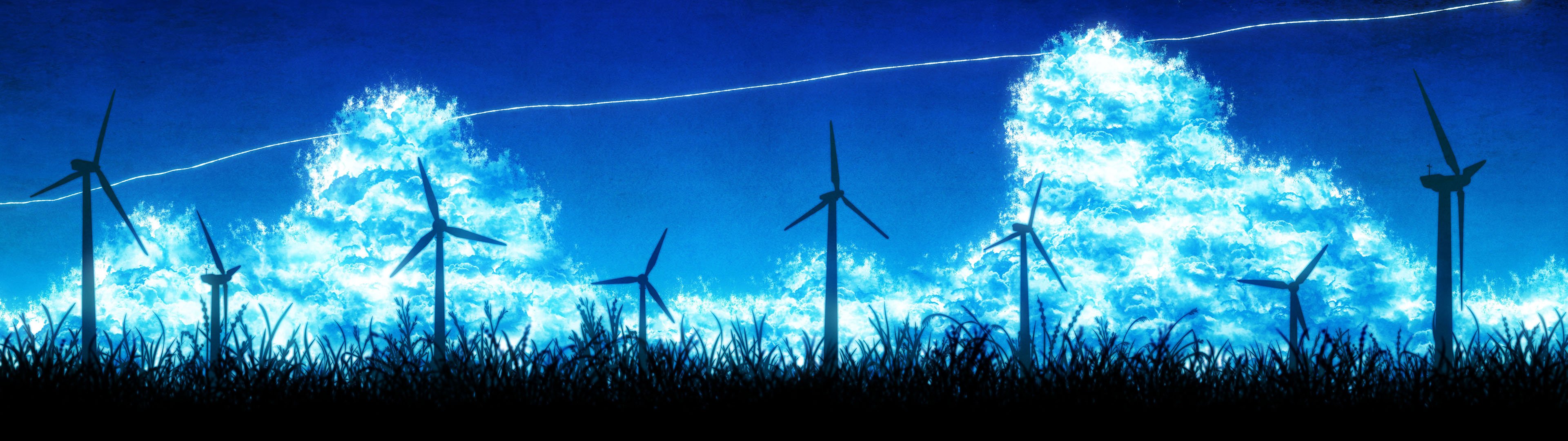 anime, original, scenery, wind turbine