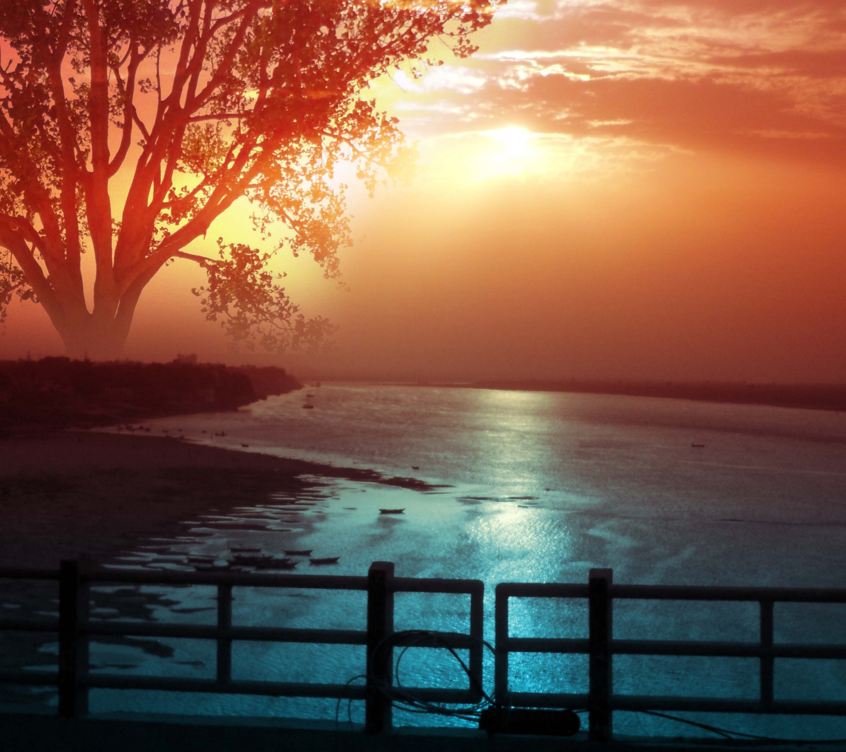 Free download wallpaper Fantasy, Sunset, Sun, Light, Tree, Glow, Sunlight, River, Photography, Magical on your PC desktop