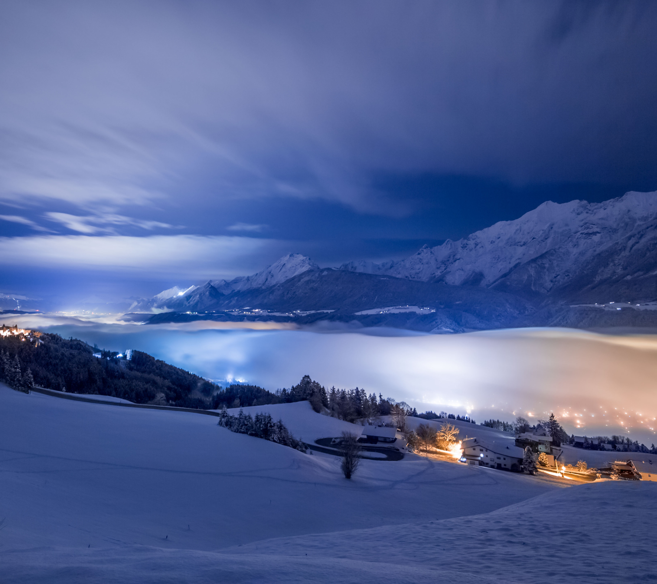 Free download wallpaper Landscape, Winter, Night, Mountain, House, Earth, Photography on your PC desktop