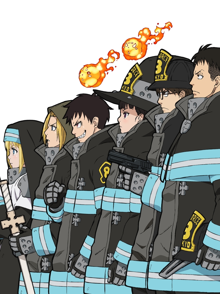 anime, fire force, akitaru oubi, maki oze, shinra kusakabe, takehisa hinawa, arthur boyle, iris (fire force)