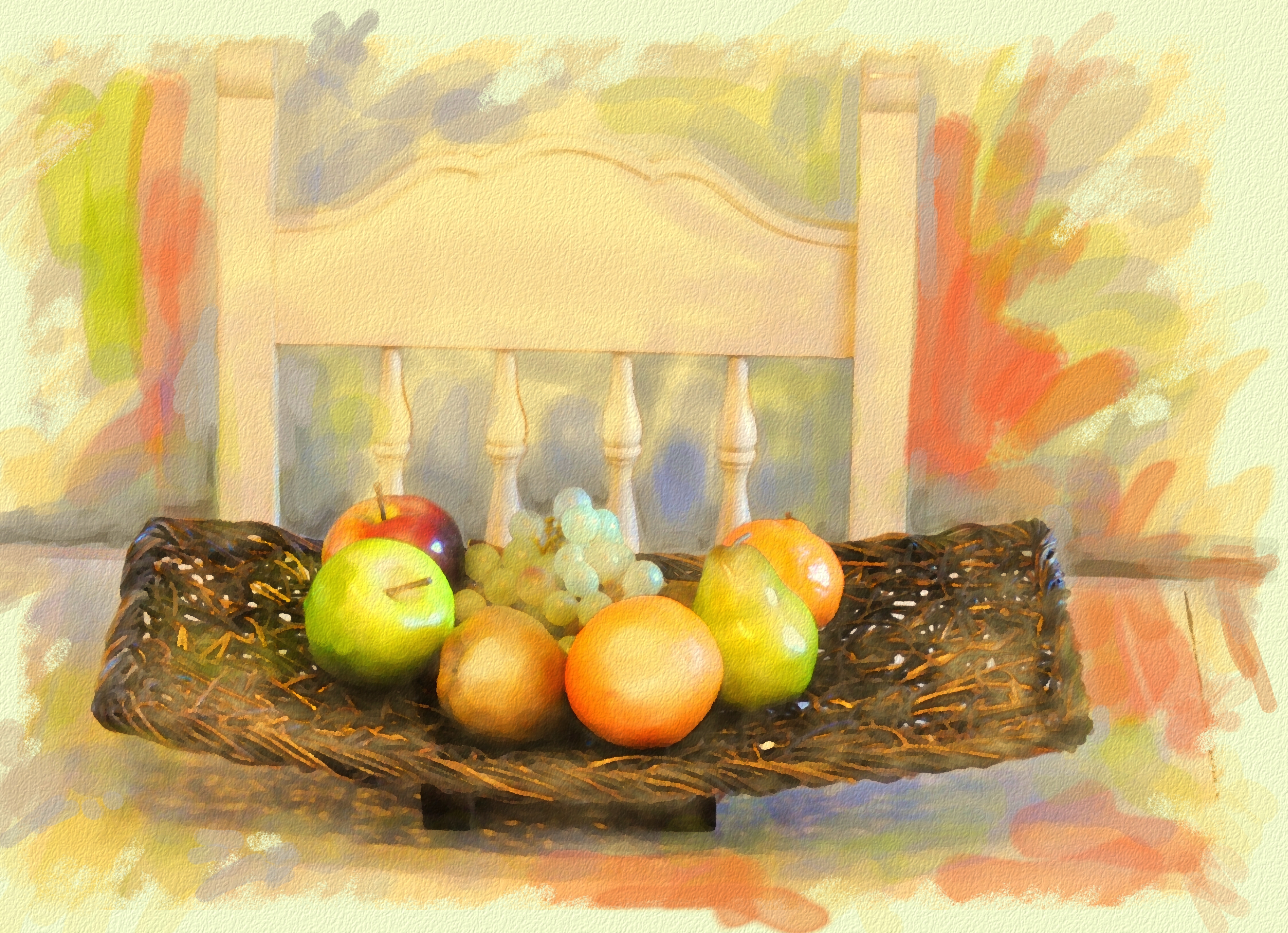 Download mobile wallpaper Chair, Colors, Fruit, Basket, Painting, Artistic, Watercolor for free.