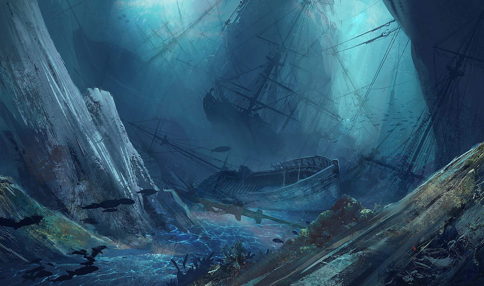 fantasy, underwater, ocean, shipwreck