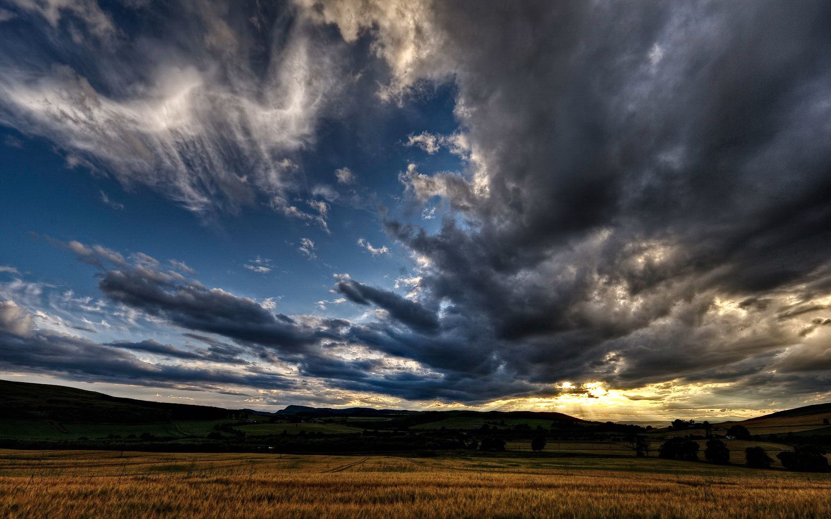 clouds, nature, sunset, sky, field, evening, rye