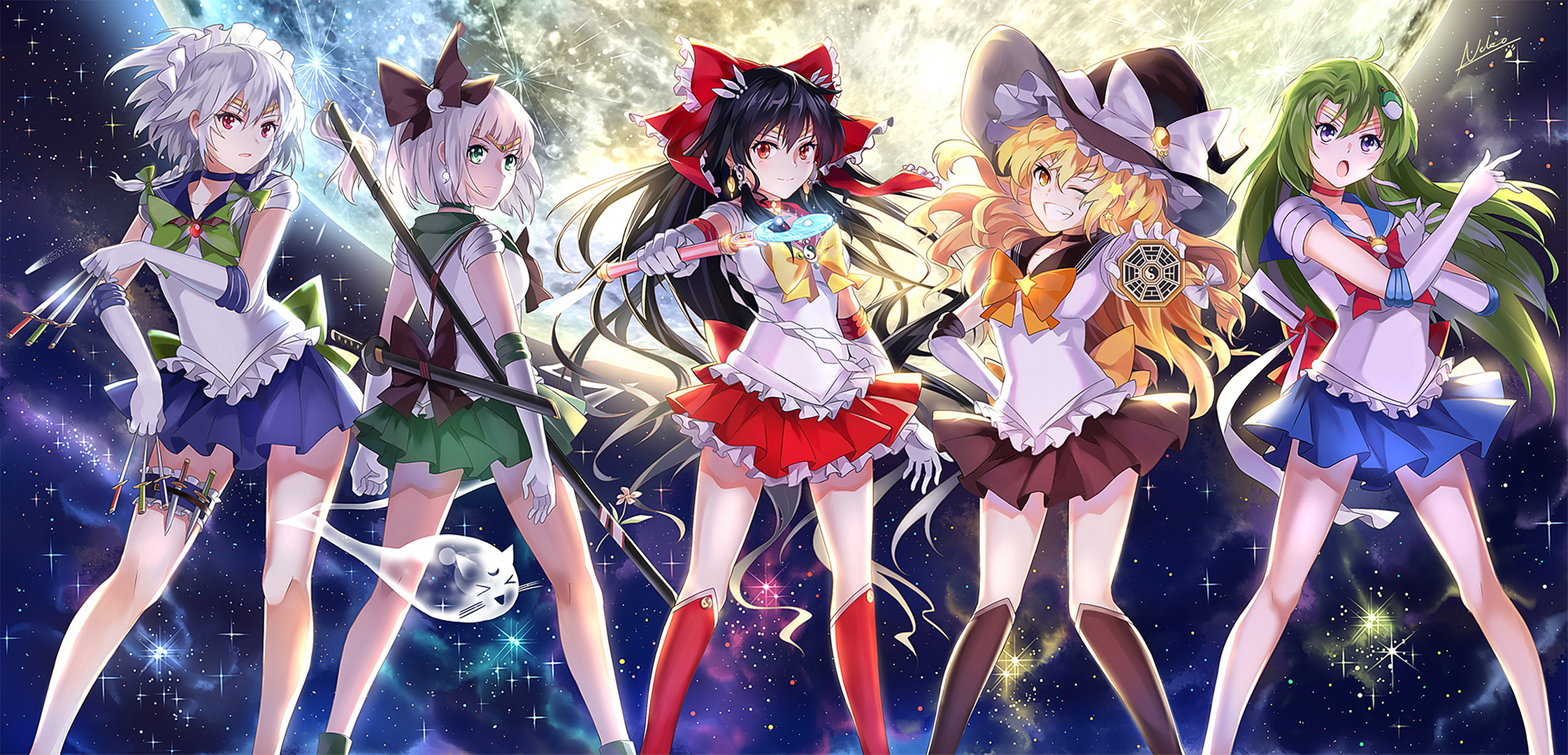 Free download wallpaper Anime, Crossover, Touhou, Youmu Konpaku, Sanae Kochiya, Reimu Hakurei, Sakuya Izayoi, Marisa Kirisame, Sailor Moon on your PC desktop