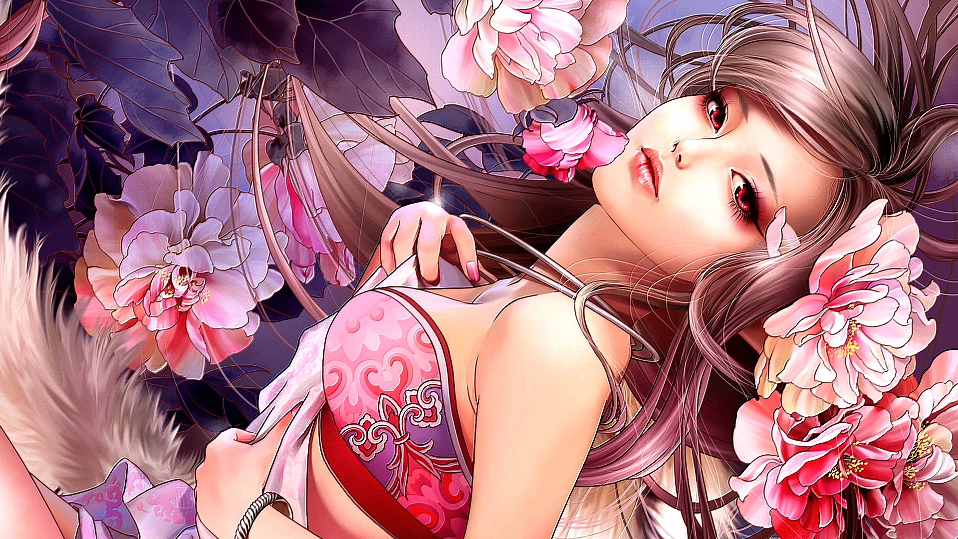 Download mobile wallpaper Fantasy, Pink, Flower, Women, Red Eyes for free.